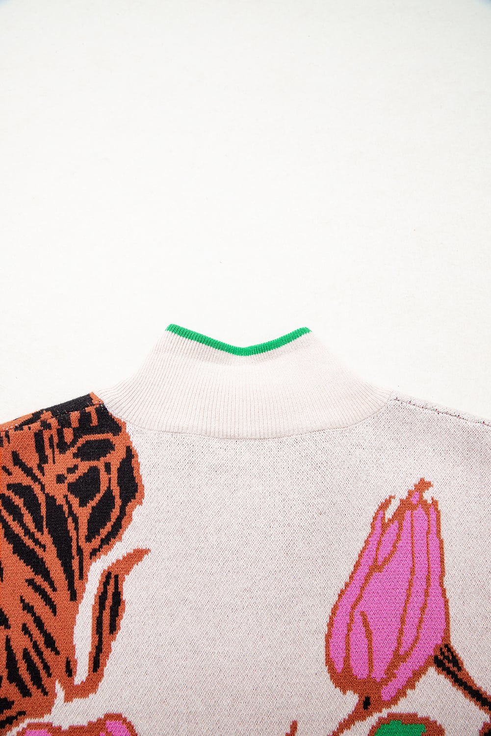 Khaki Floral Pattern Knit Quarter Zip Stand Neck Sweater