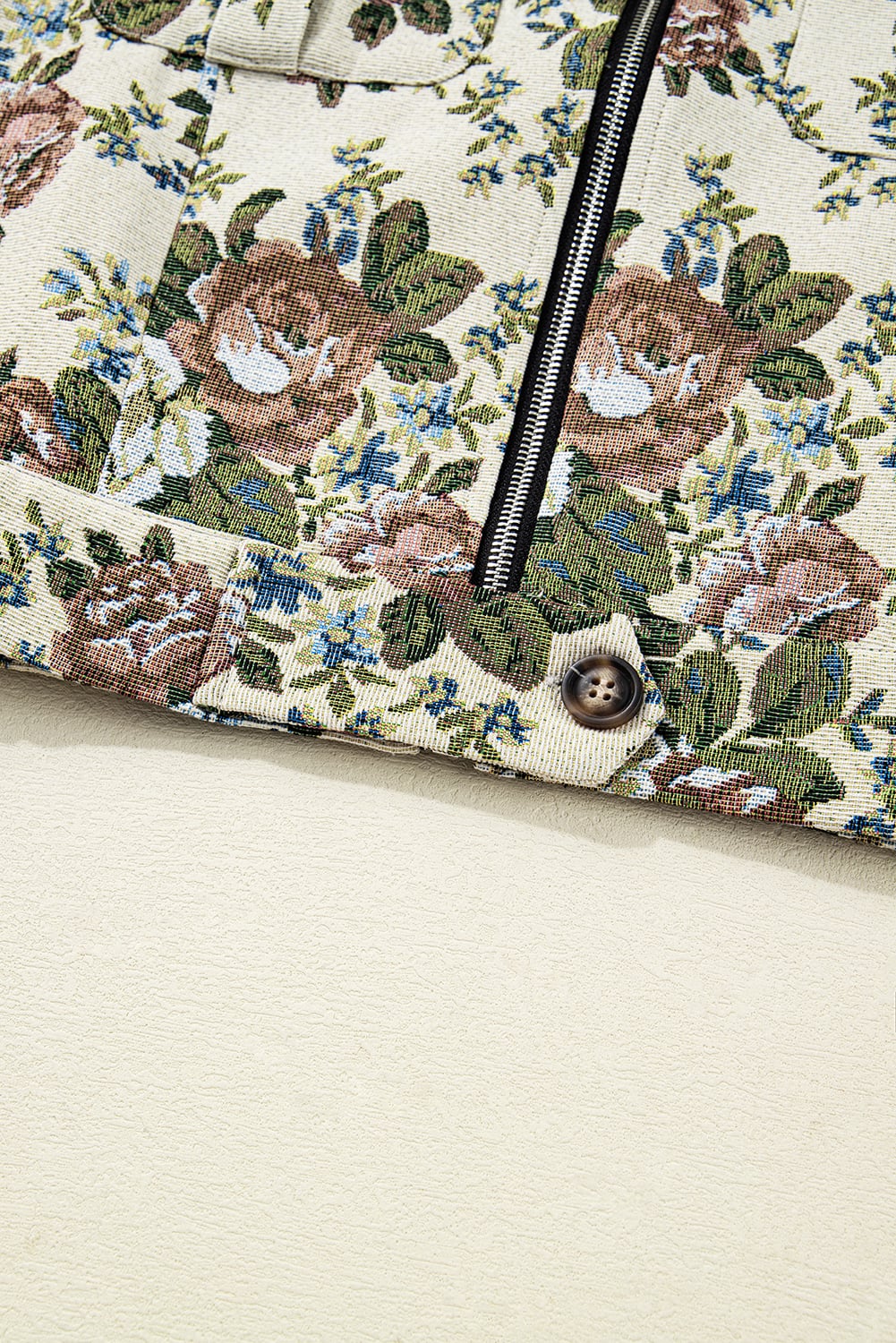 Khaki Floral Print Zip Up Contrast Collared Jacket
