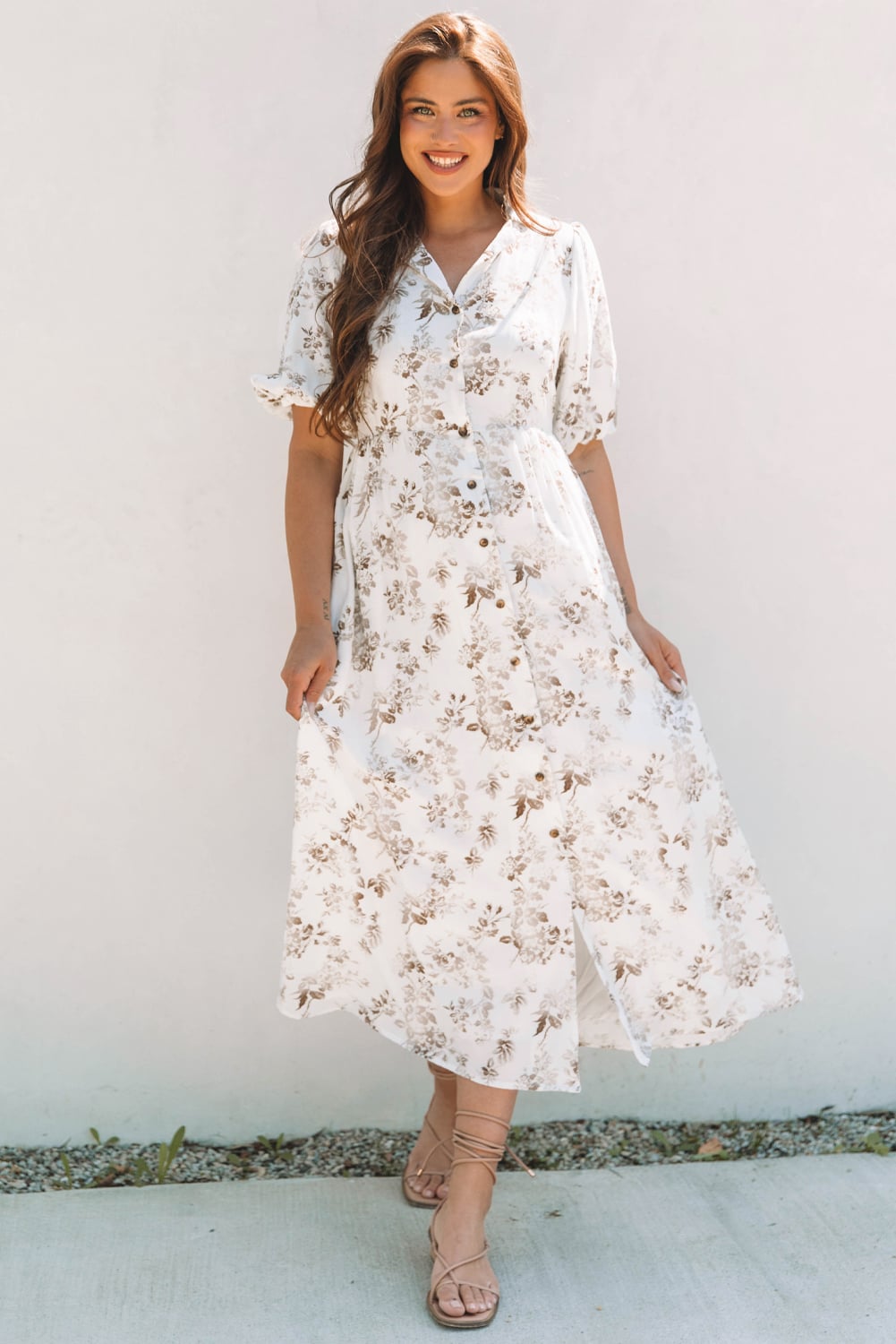 Khaki Floral Puff Sleeve V Neck Buttoned Front Maxi Dress