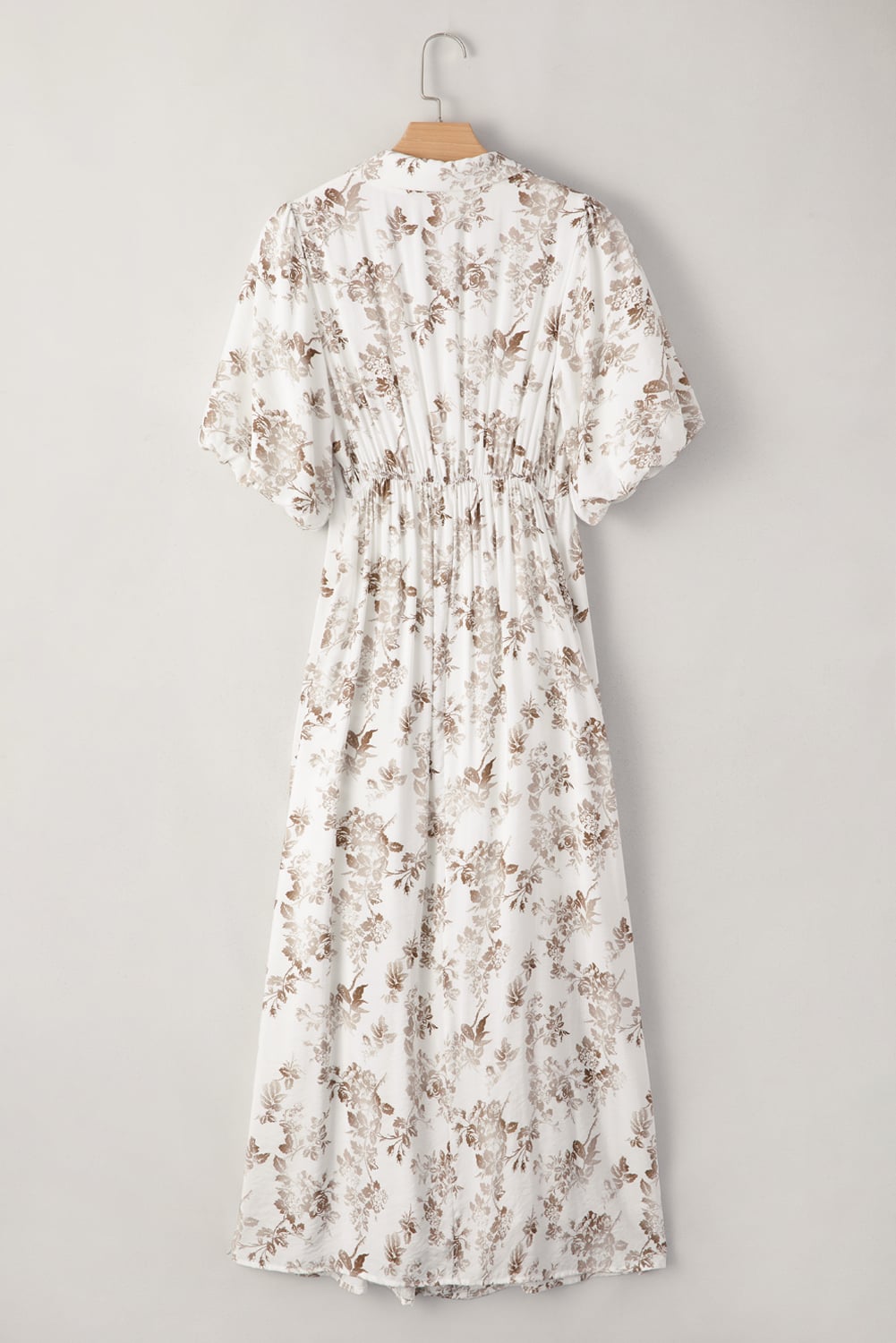 Khaki Floral Puff Sleeve V Neck Buttoned Front Maxi Dress