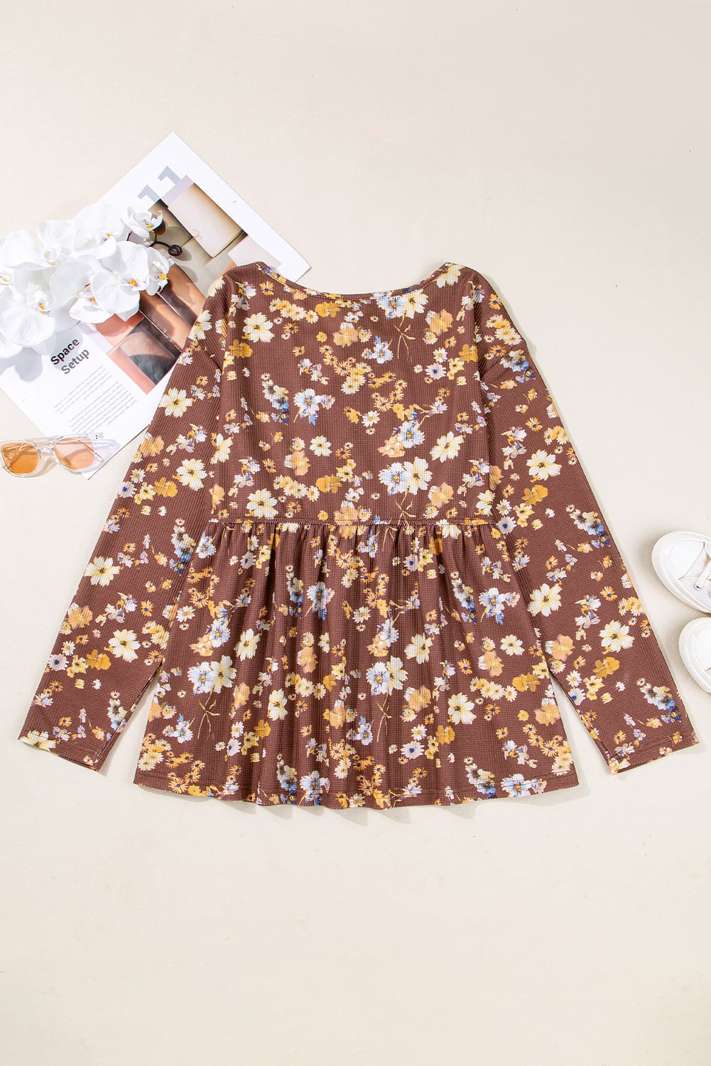 Khaki Floral Textured Tied Neck Long Sleeve Plus Size Babydoll Blouse
