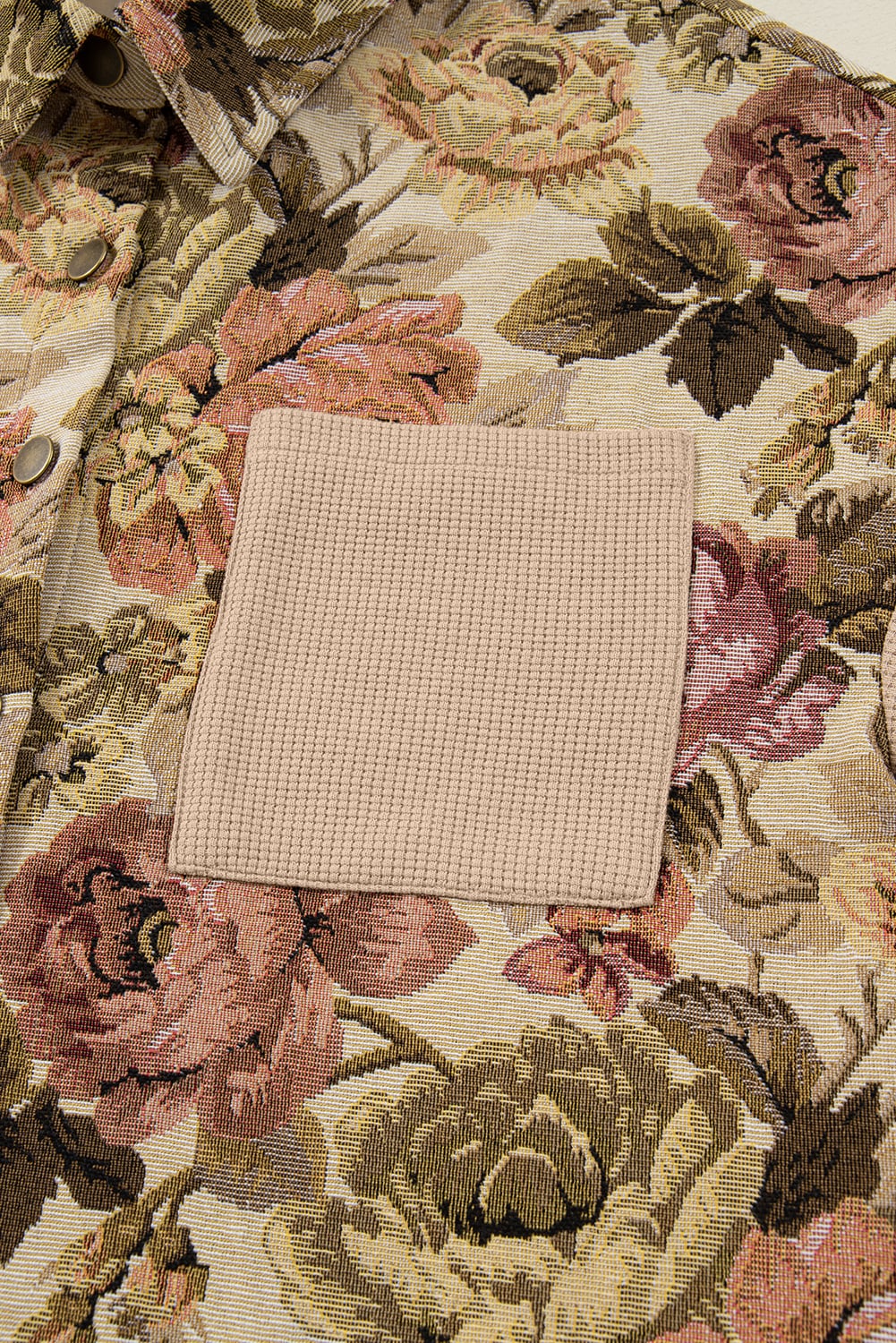 Khaki Floral Waffle Knit Patchwork Chest Pockets Buttoned Jacket