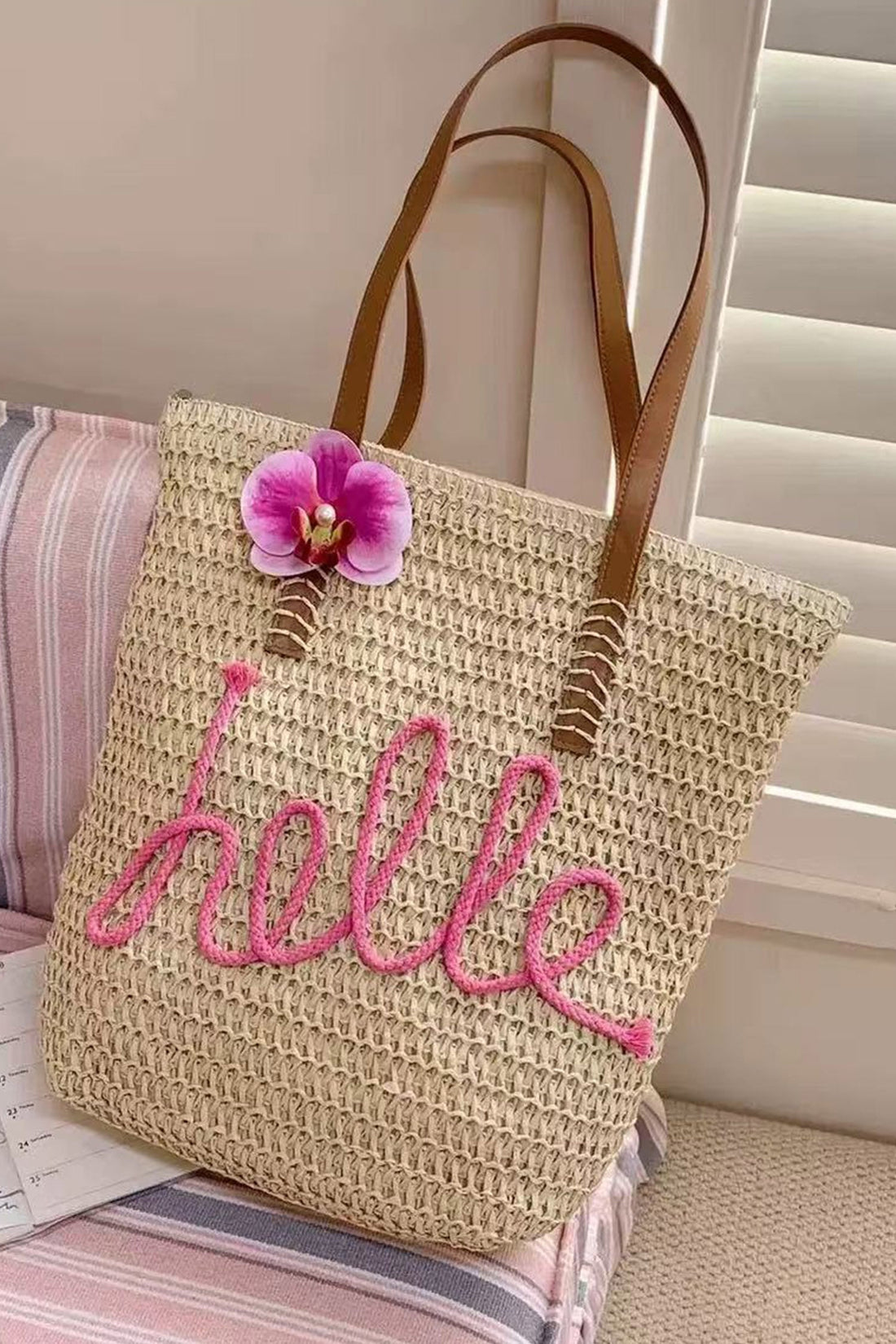 Khaki Hello Boho Handwoven Floral Accent Travel Tote Bag