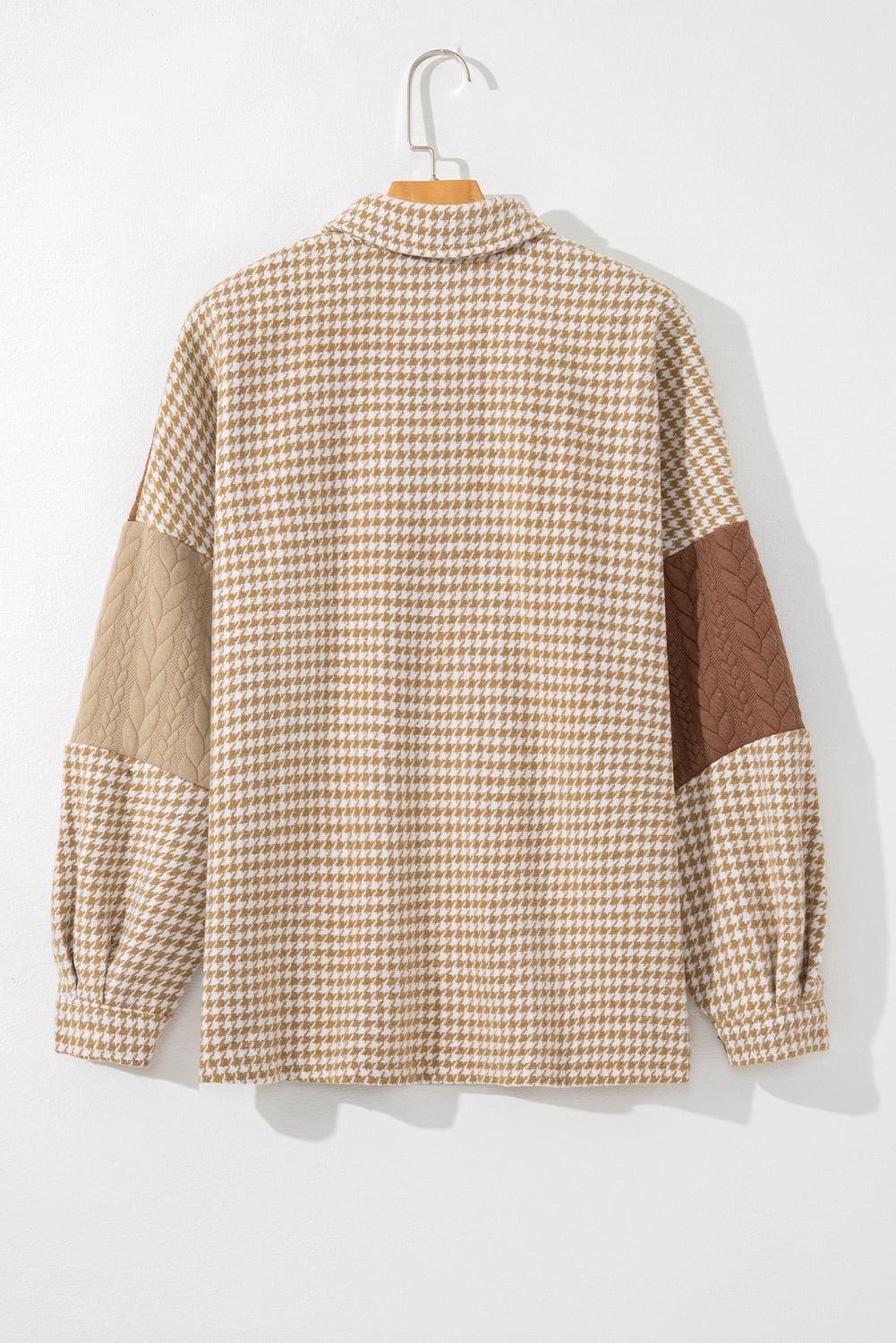 Khaki Houndstooth Color Contrast Textured Patchwork Loose Shacket