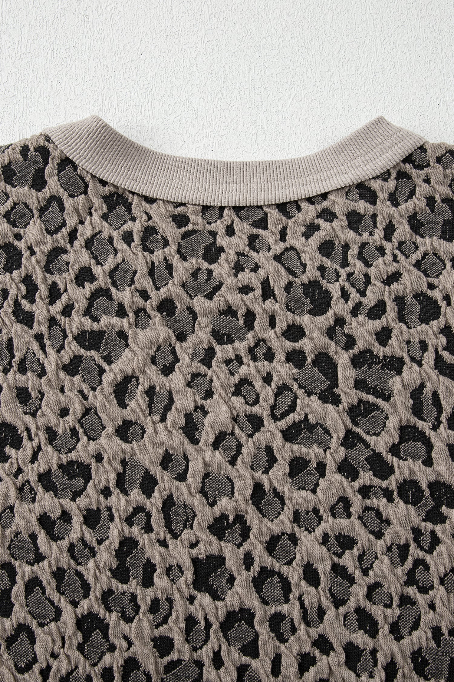 Khaki Jacquard Leopard Half Sleeve Jumper Wide Leg Pant Set