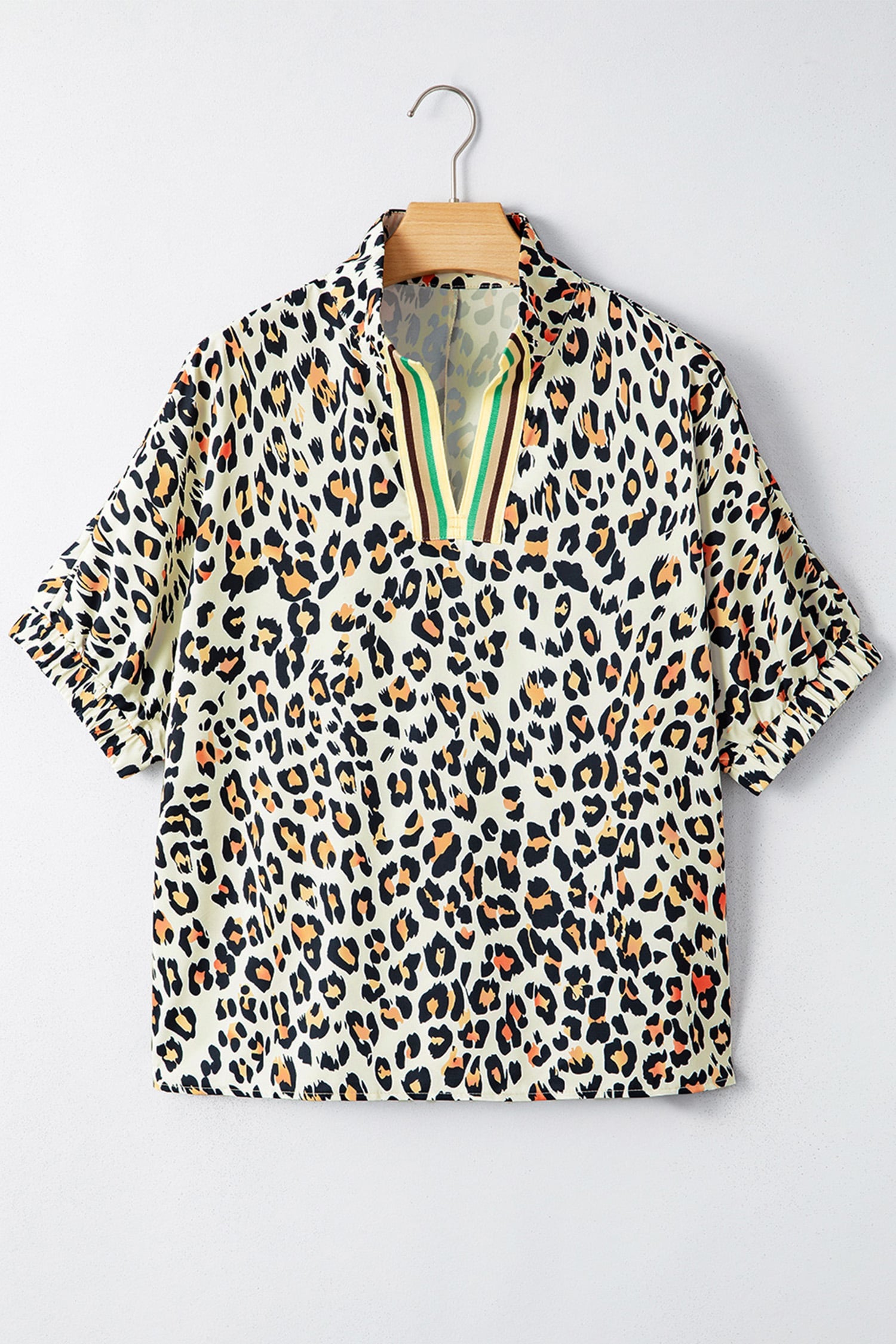 Khaki Leopard Color Block Contrast Striped V Neck Half Sleeve Loose Fit Blouse