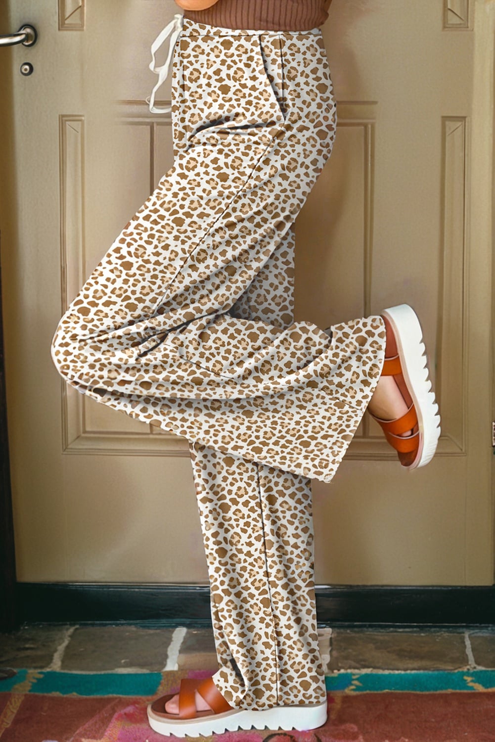 Khaki Leopard Drawstring Elastic Waistband Loose Pants