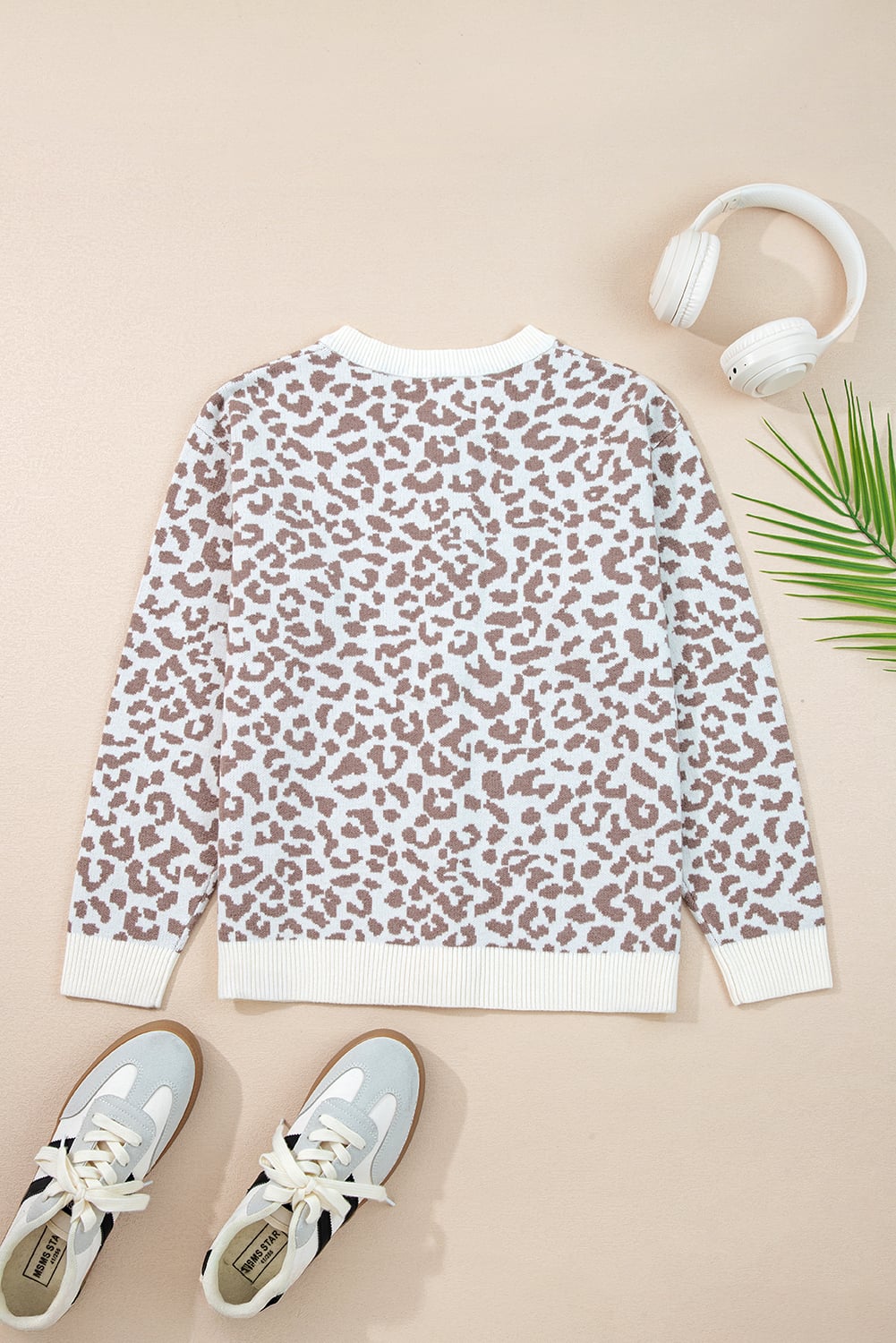 Khaki Leopard Drop Shoulder Chunky Knitted Cardigan Sweater