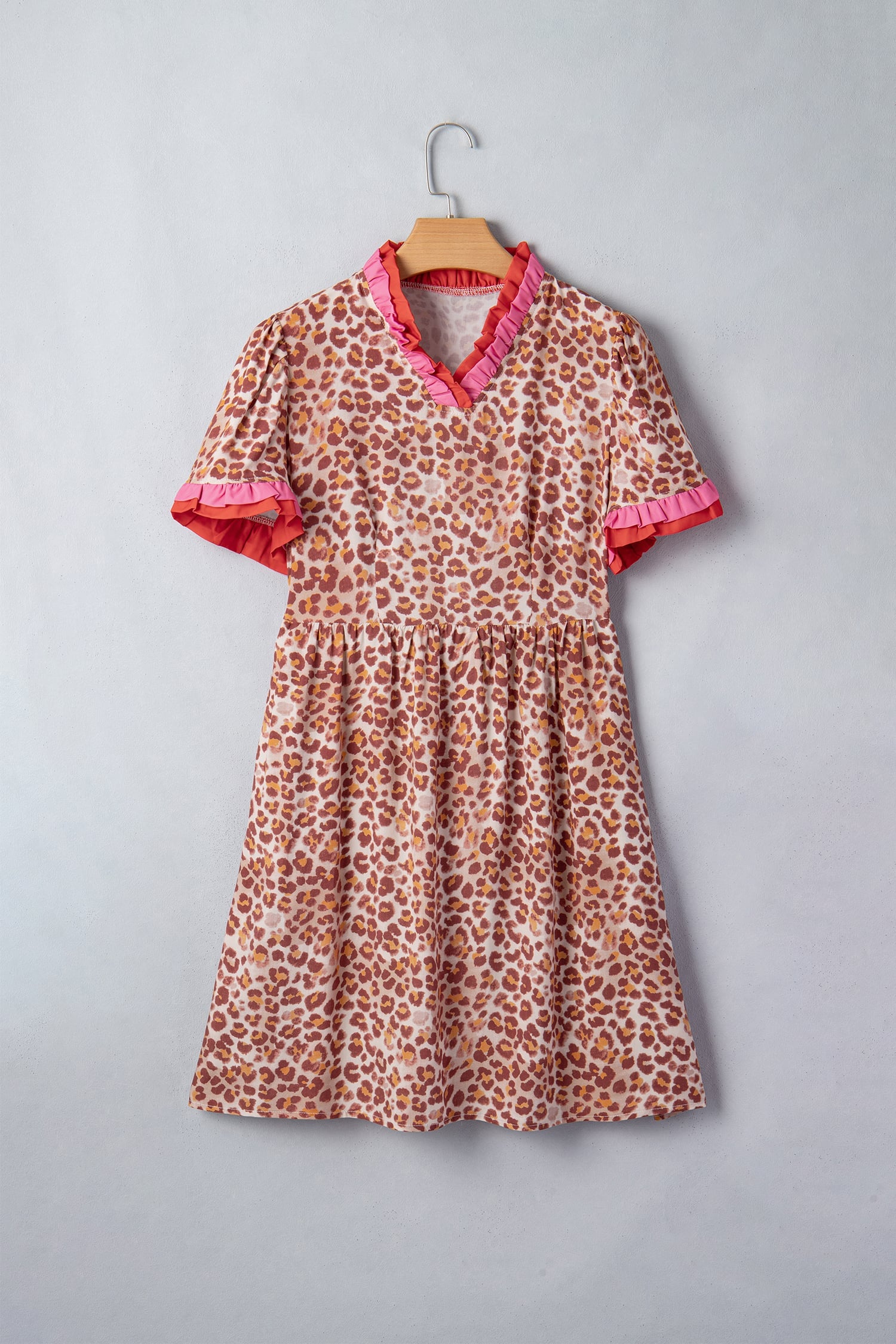 Khaki Leopard High Waist Ruffled Colorblock Trim Short Dress