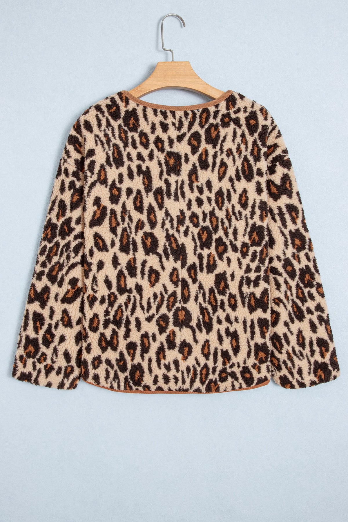 Khaki Leopard Plush Corduroy Trim Long Sleeve Jacket