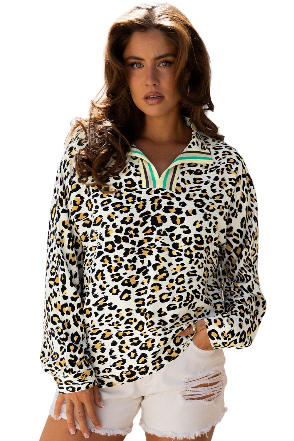 Khaki Leopard Print Contrast Striped V Neck Blouse