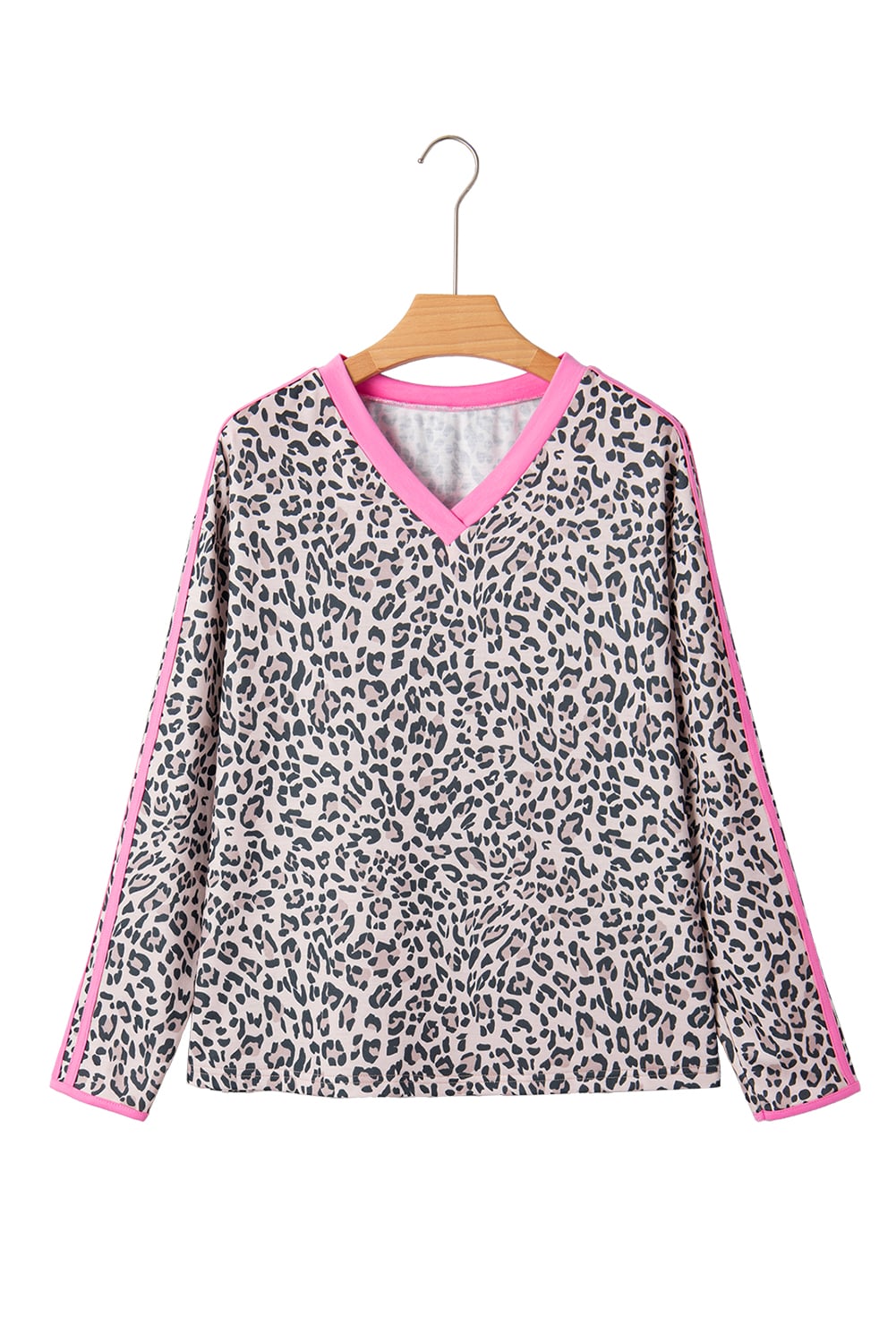 Khaki Leopard Print Contrast V Neck Varsity Stripe Detail Long Sleeve Top