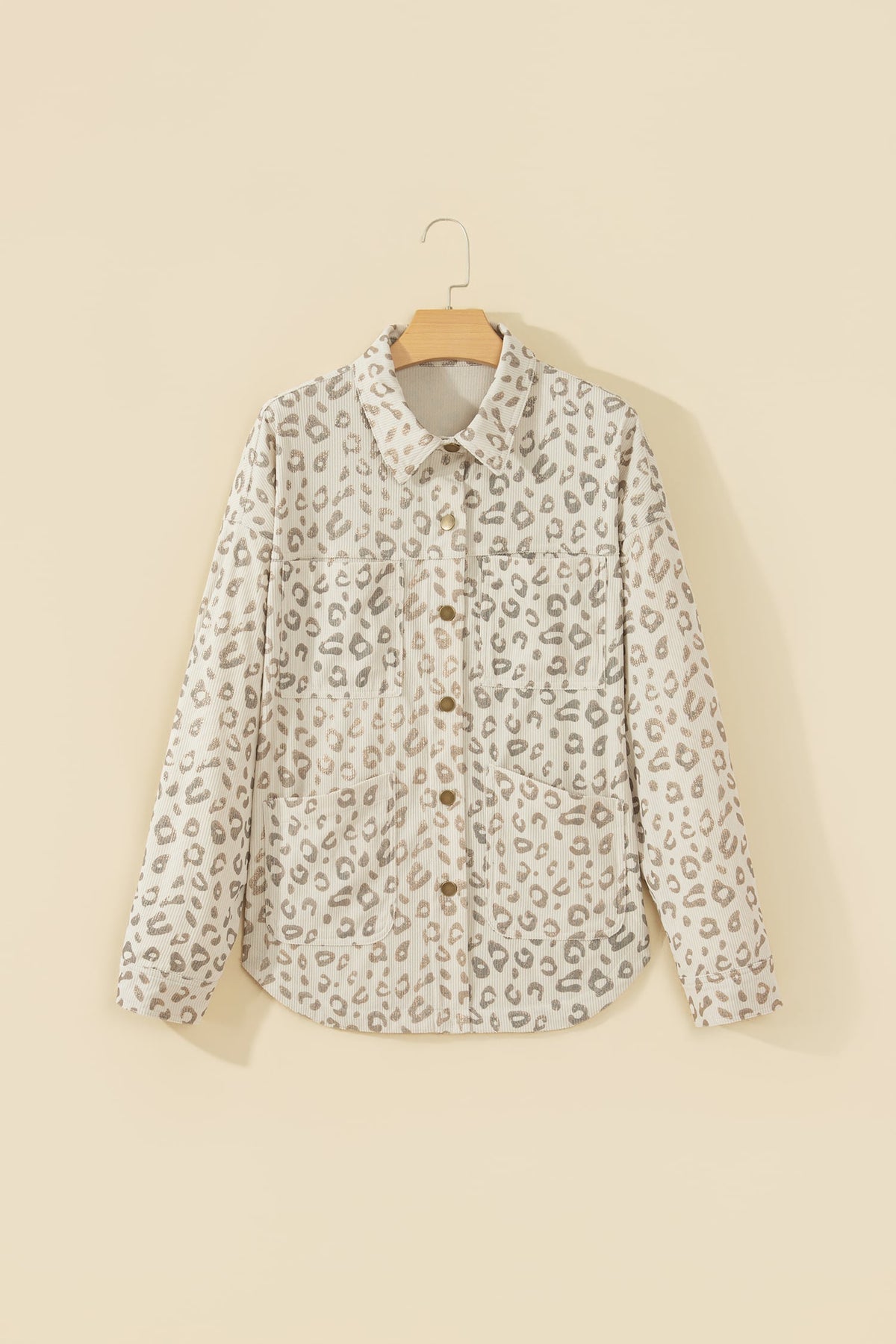 Khaki Leopard Print Corduroy Shirt Collar Long Sleeve Regular Fit Jacket