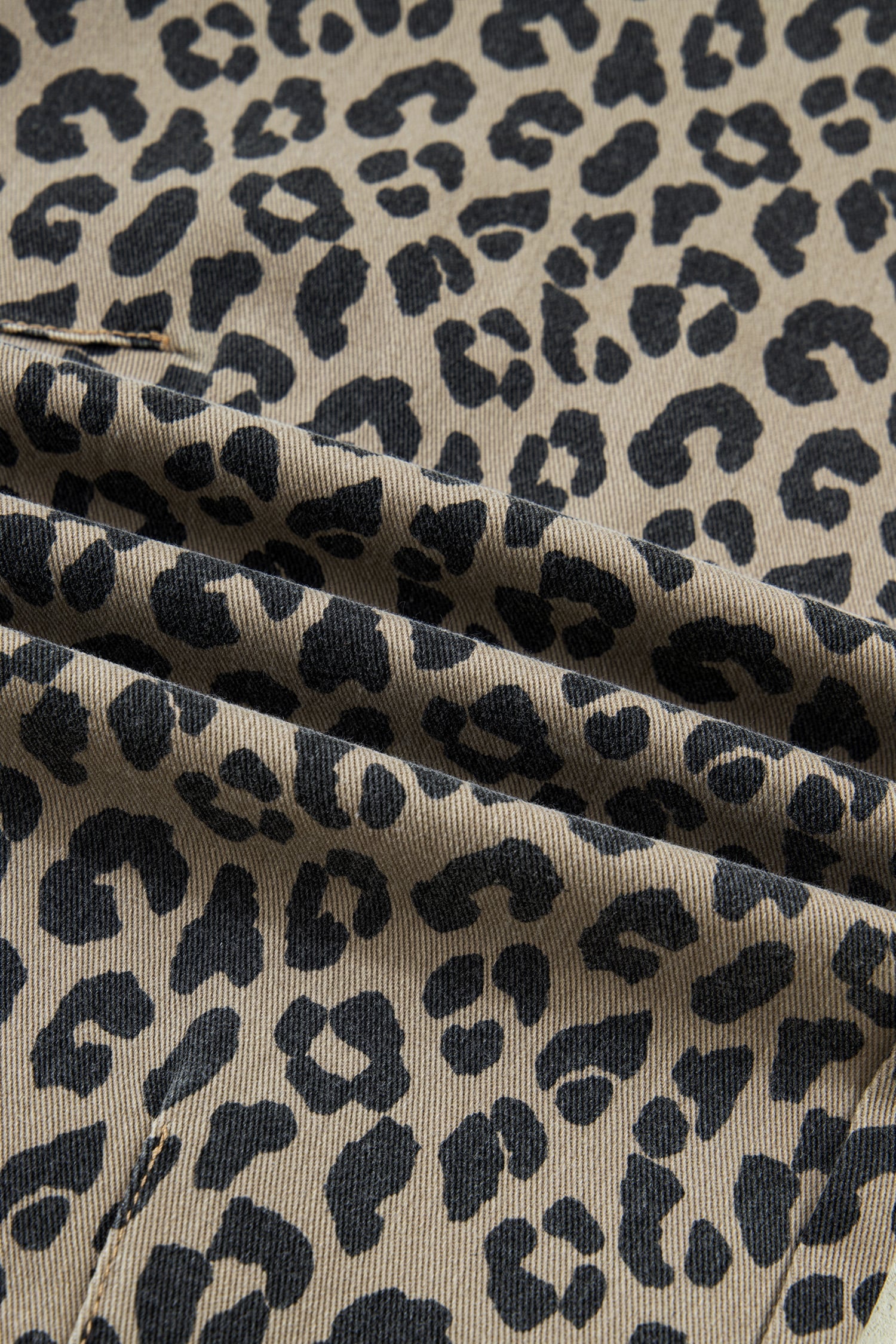 Khaki Leopard Print Drawstring Elastic Waist Loose Denim Pants with Pockets