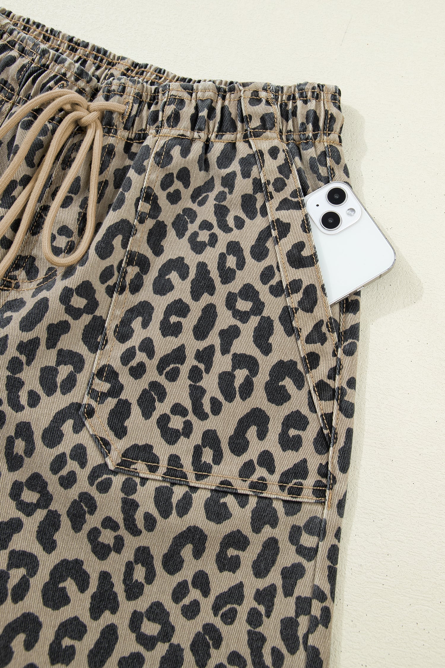 Khaki Leopard Print Drawstring Elastic Waist Loose Denim Pants with Pockets