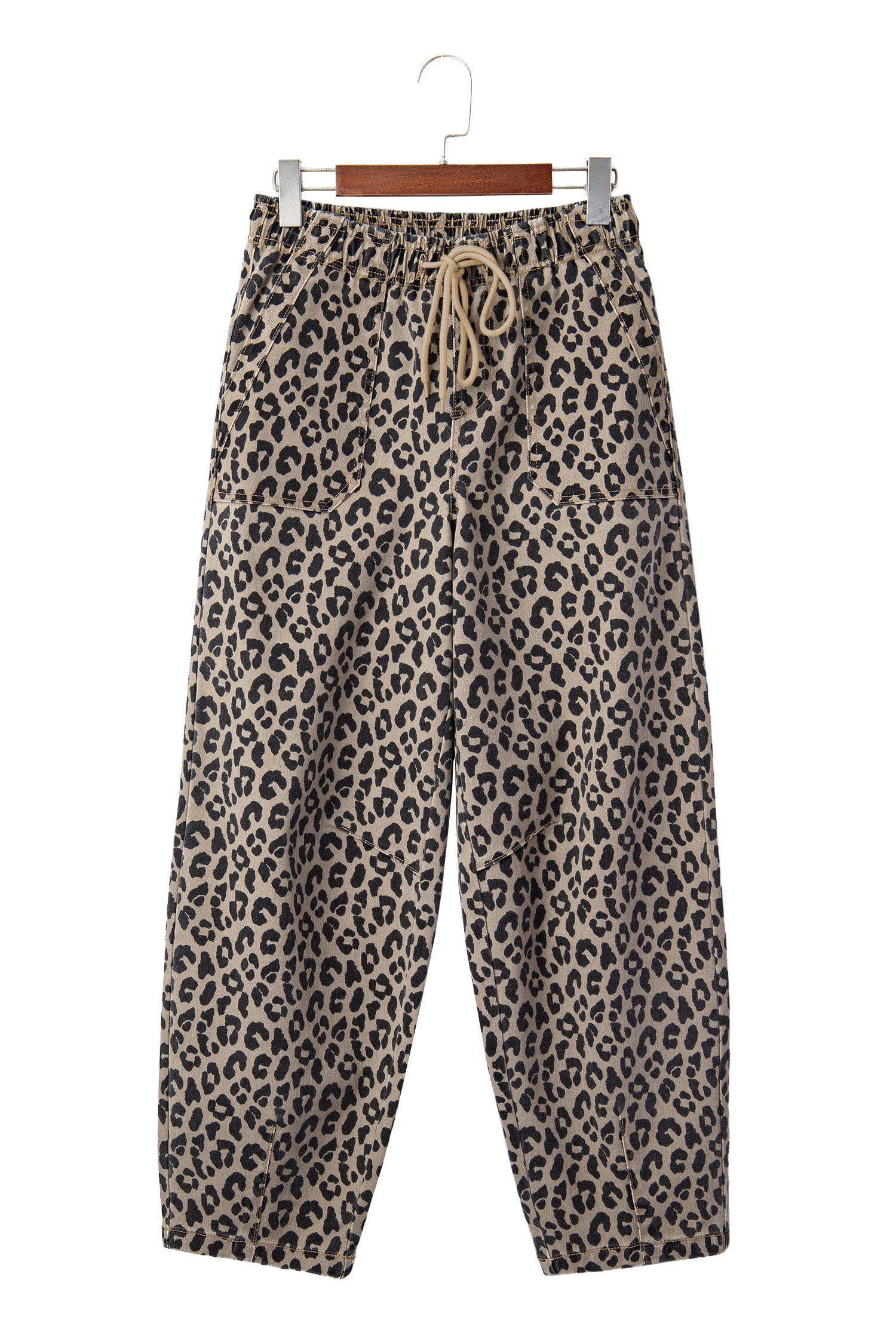 Khaki Leopard Print Drawstring Elastic Waist Loose Denim Pants with Pockets