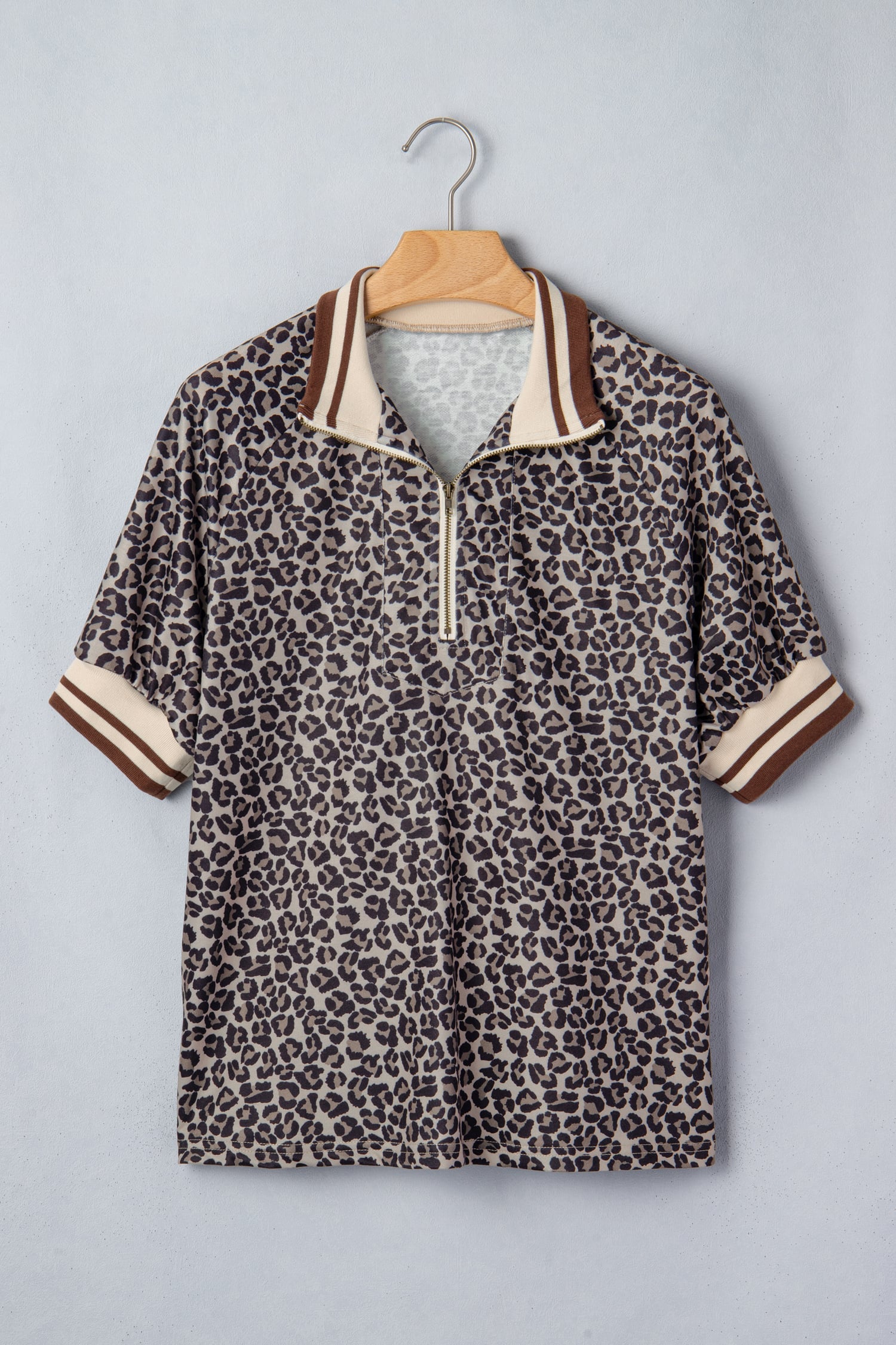 Khaki Leopard Print Half Zip Striped Trim Patchwork Short Sleeve Top