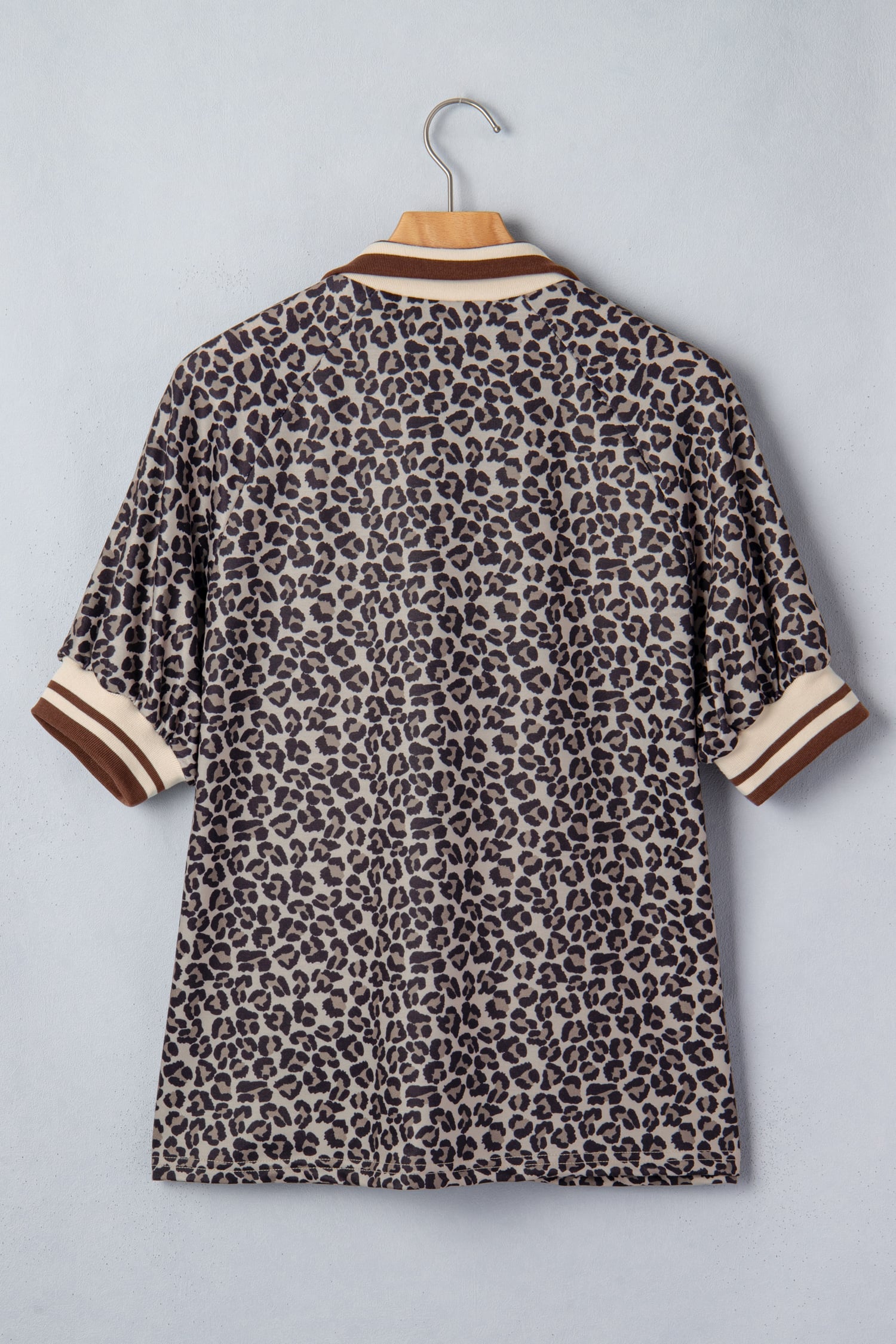 Khaki Leopard Print Half Zip Striped Trim Patchwork Short Sleeve Top
