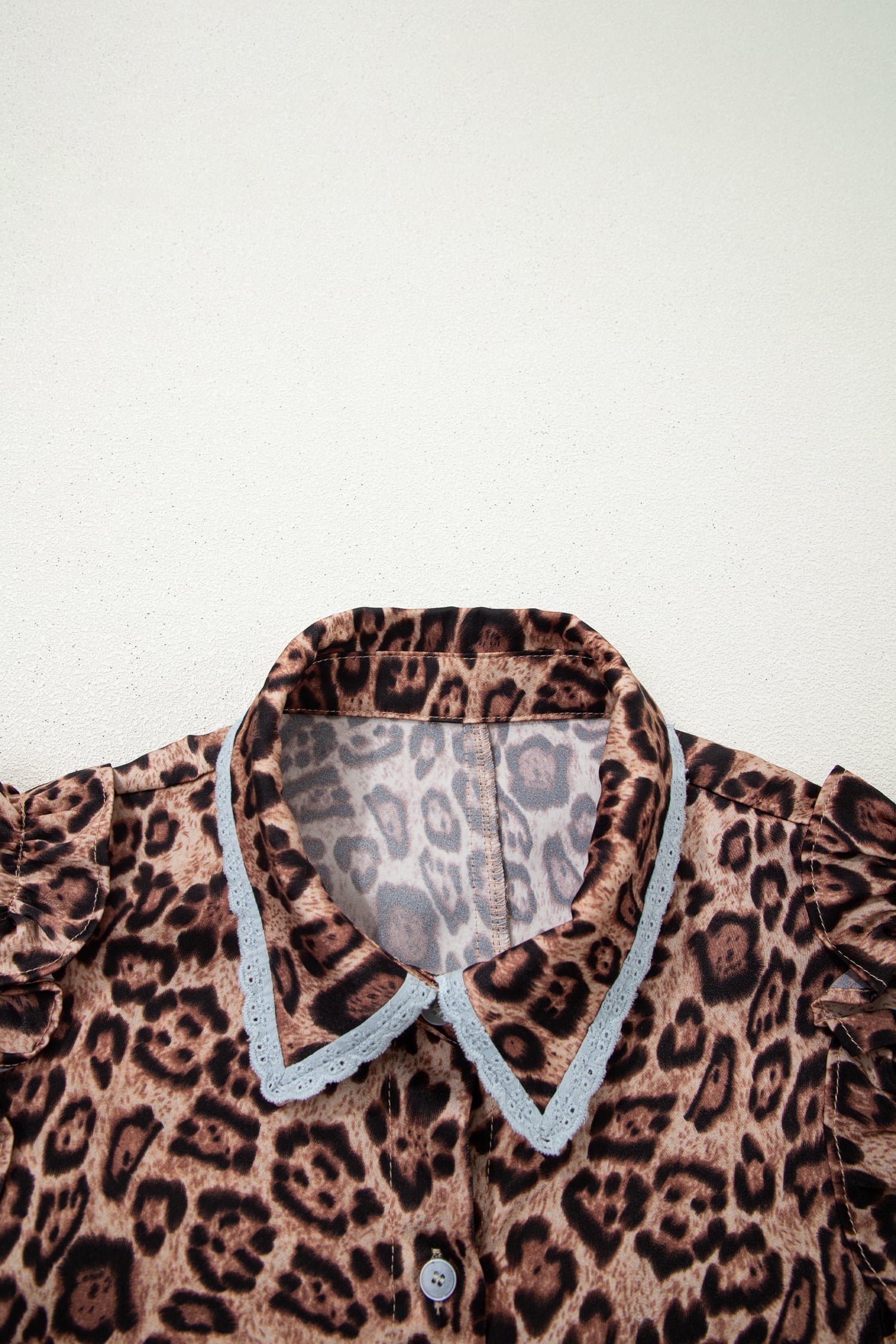 Khaki Leopard Print Lace Trim Shirt Collar Button Down Loose Mini Dress