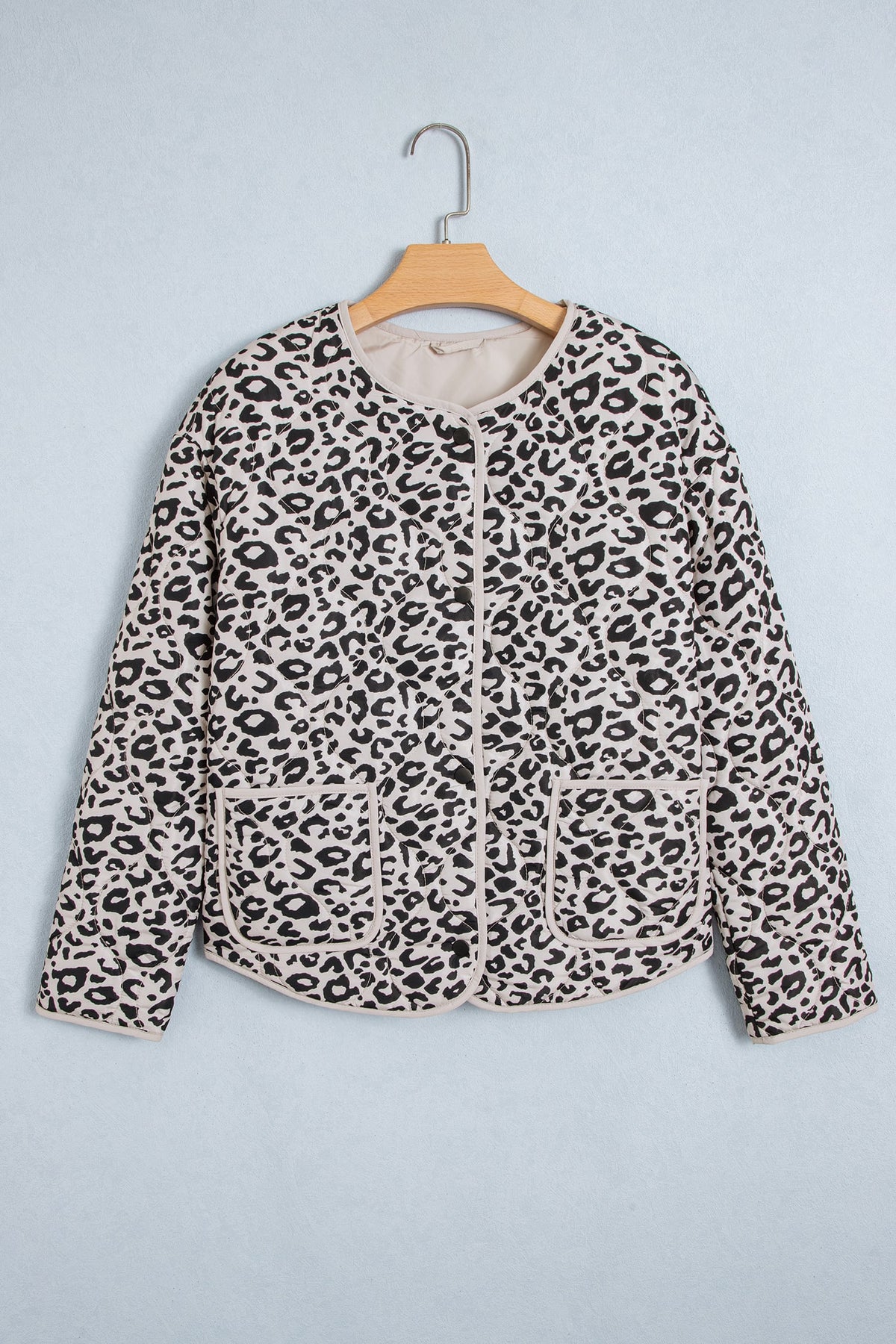 Khaki Leopard Print Patch Pockets Binding Tape Long Sleeve Regular Fit Jacket