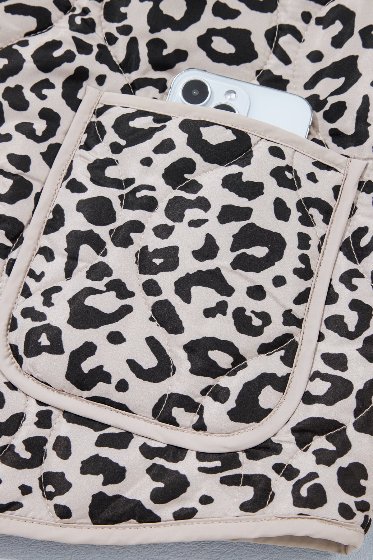 Khaki Leopard Print Patch Pockets Binding Tape Long Sleeve Regular Fit Jacket