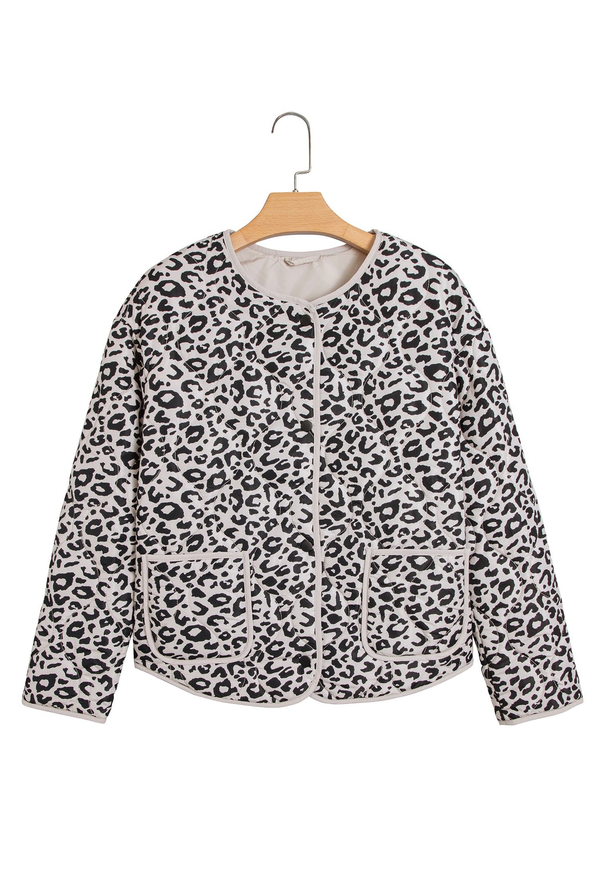 Khaki Leopard Print Patch Pockets Binding Tape Long Sleeve Regular Fit Jacket