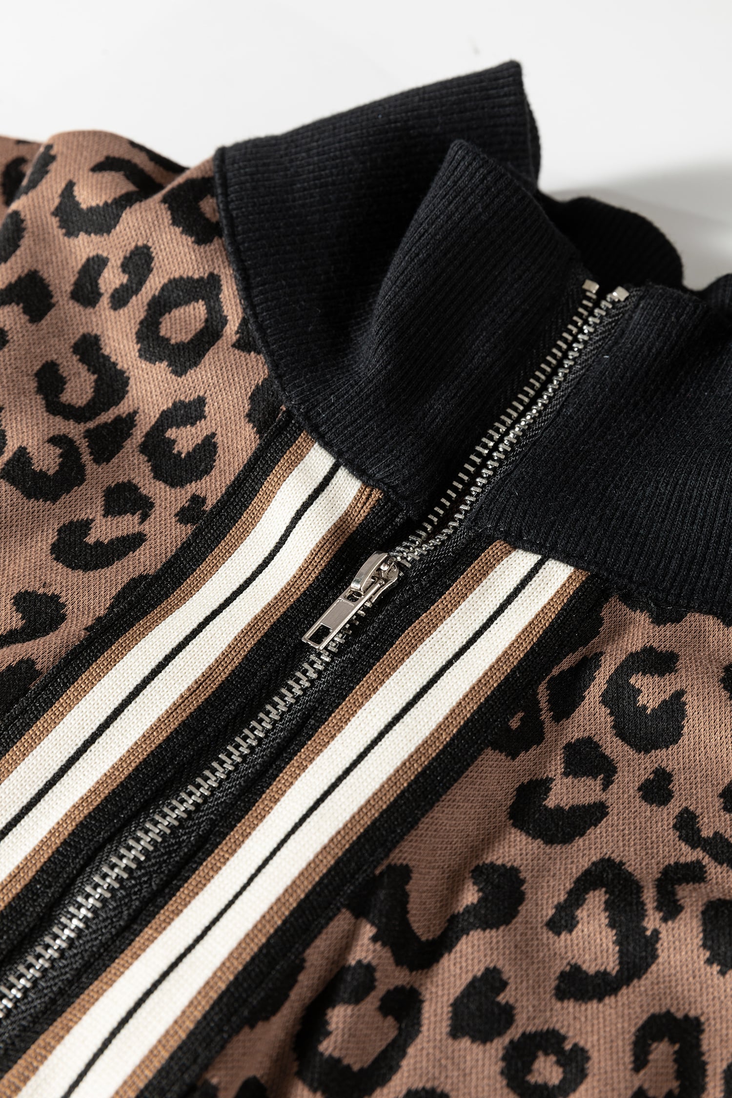 Khaki Leopard Print Quarter Zip Long Sleeve Top Mini Skirt Set