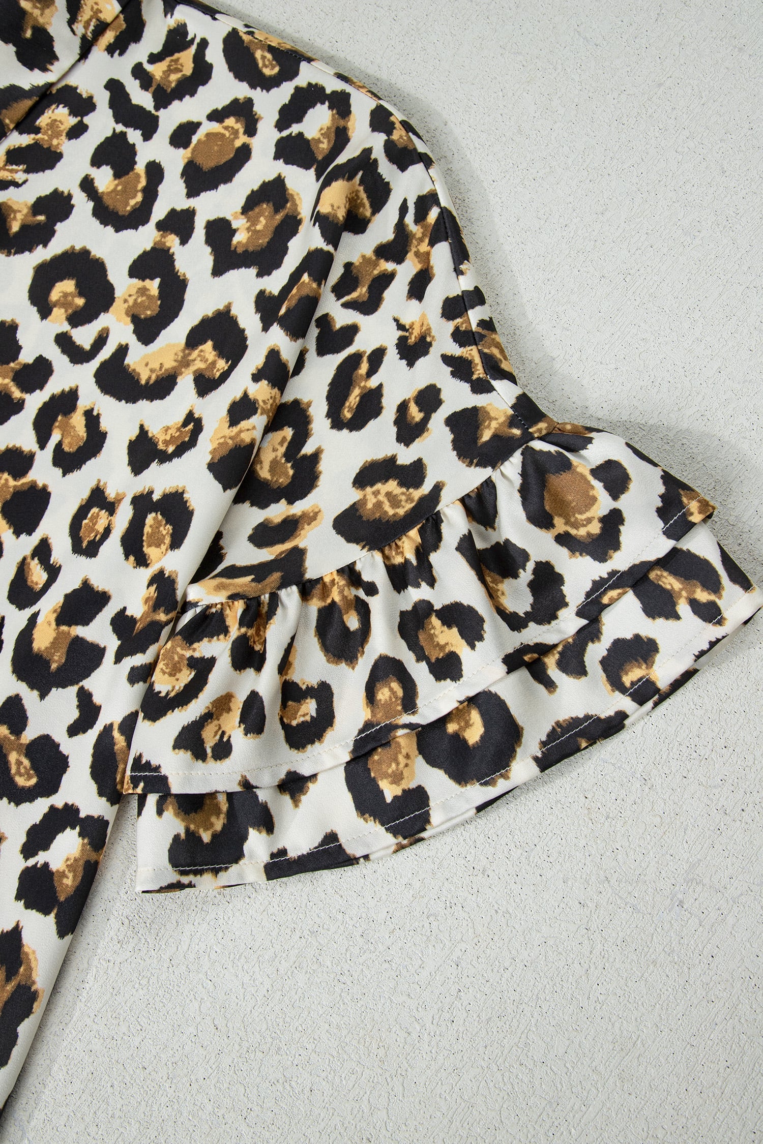 Khaki Leopard Print Ruffle Trim 3/4 Sleeve Loose Shirt