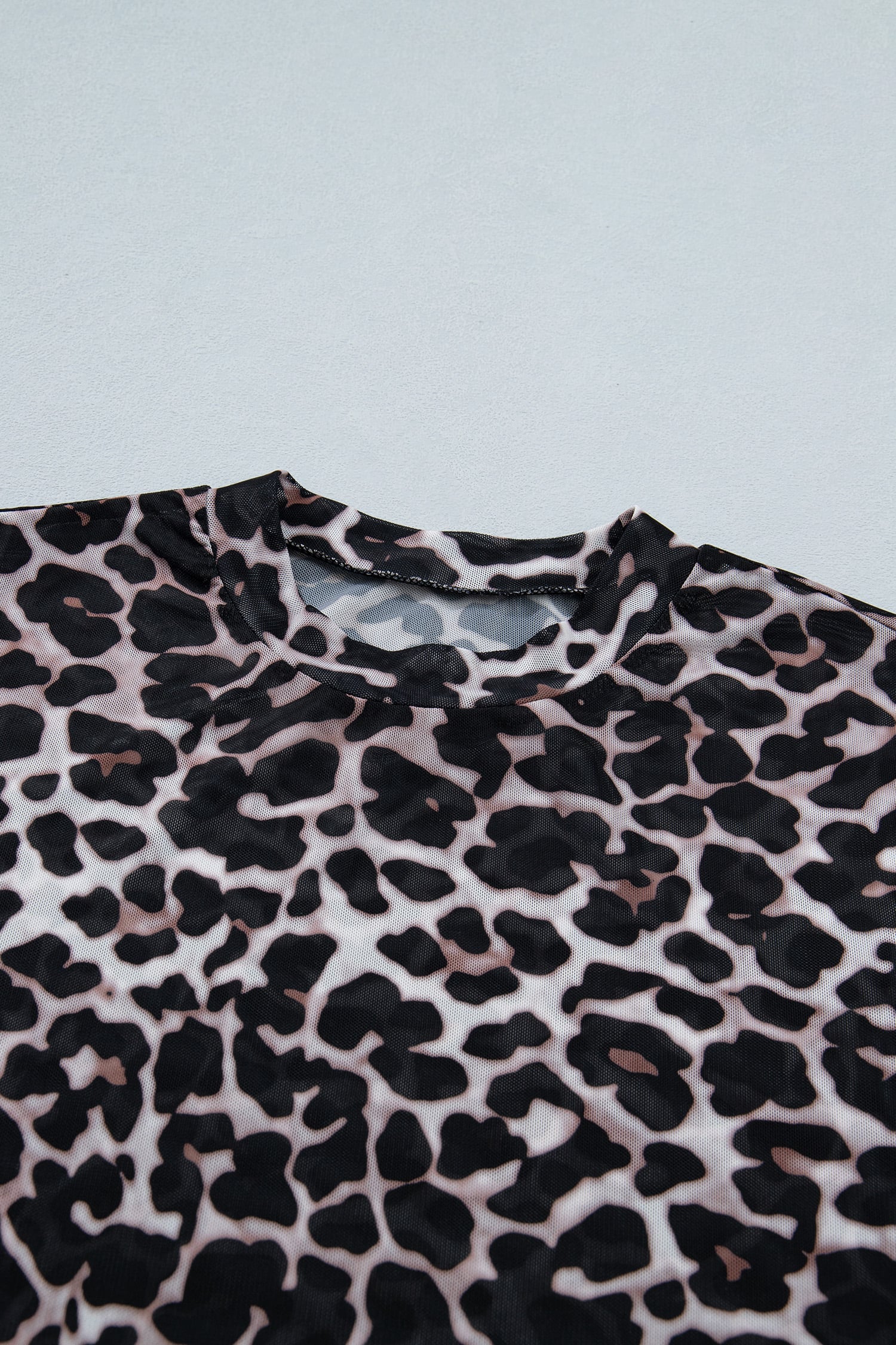Khaki Leopard Print Sheer Mesh Short Sleeve Top