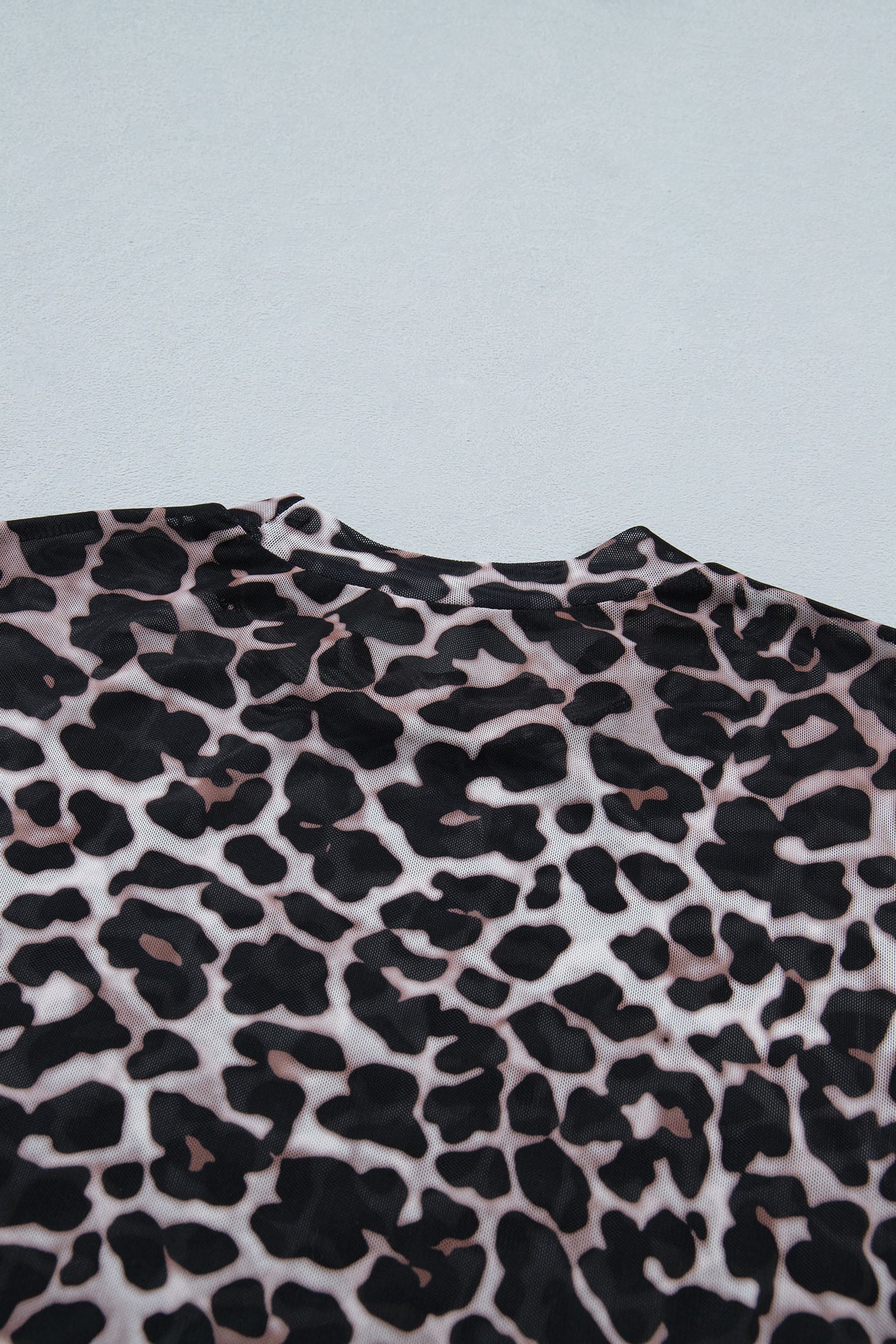 Khaki Leopard Print Sheer Mesh Short Sleeve Top