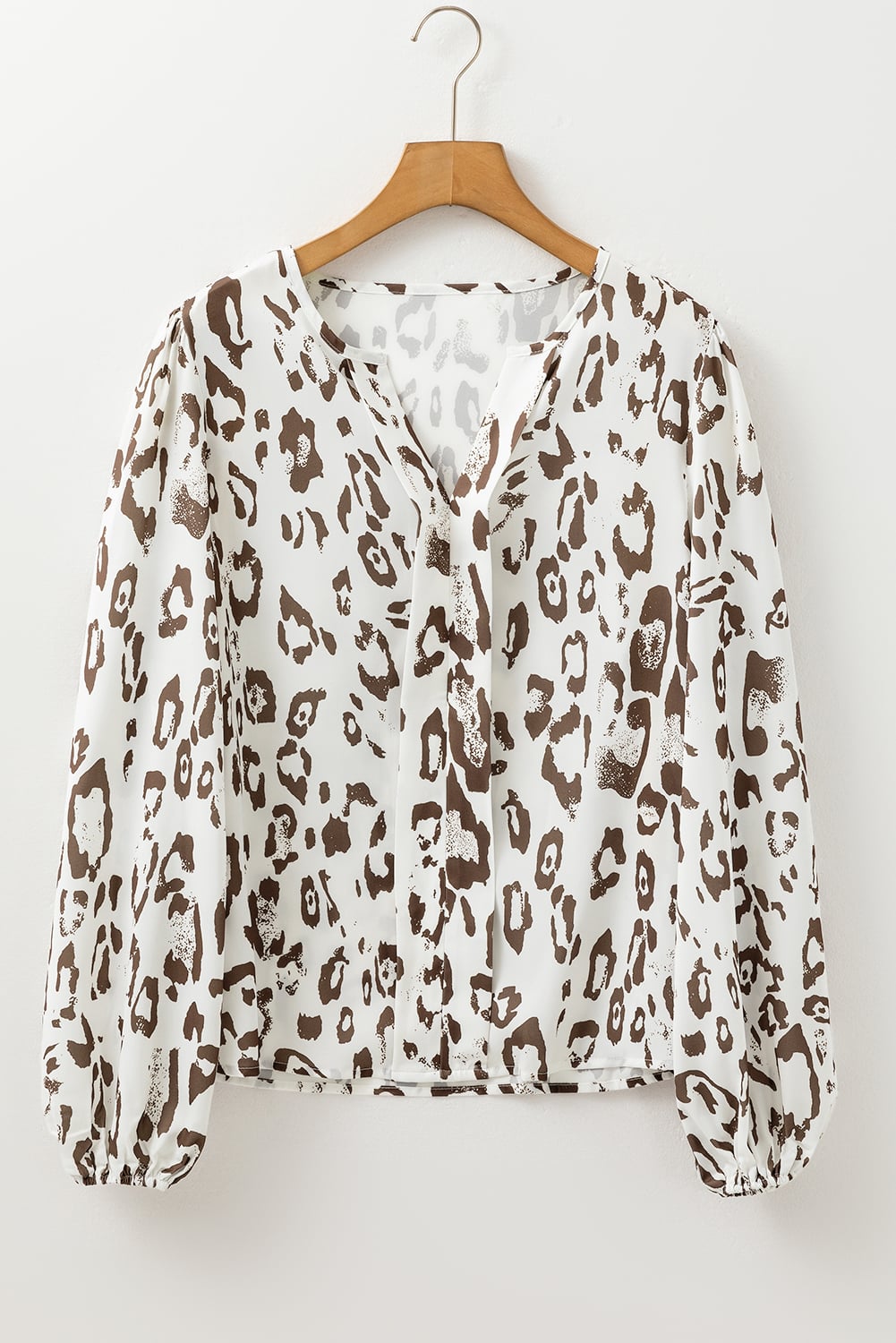 Khaki Leopard Print Split Neck Balloon Sleeve Blouse