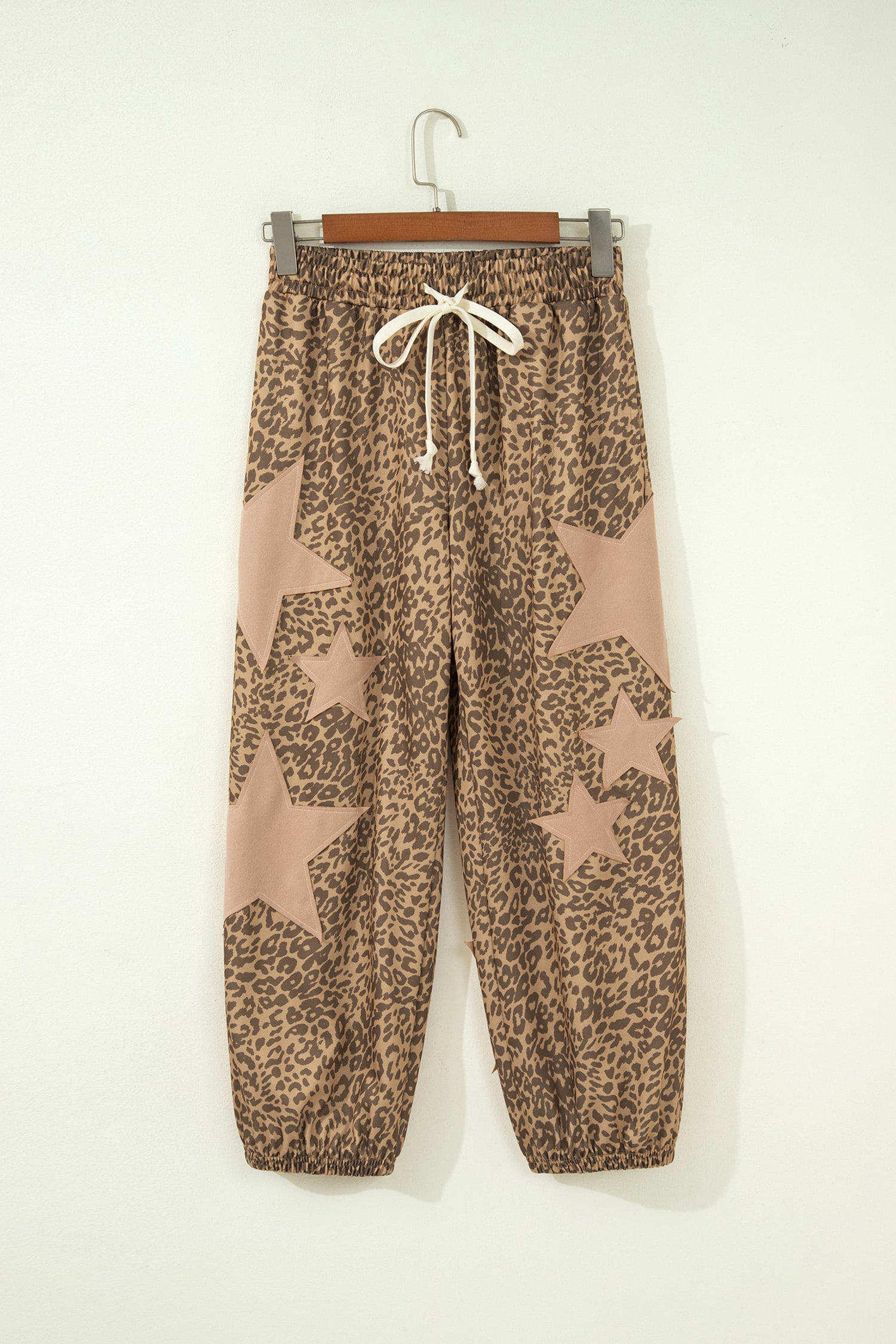 Khaki Leopard Print Star Patched Drawstring Elastic Waist Jogger Pants