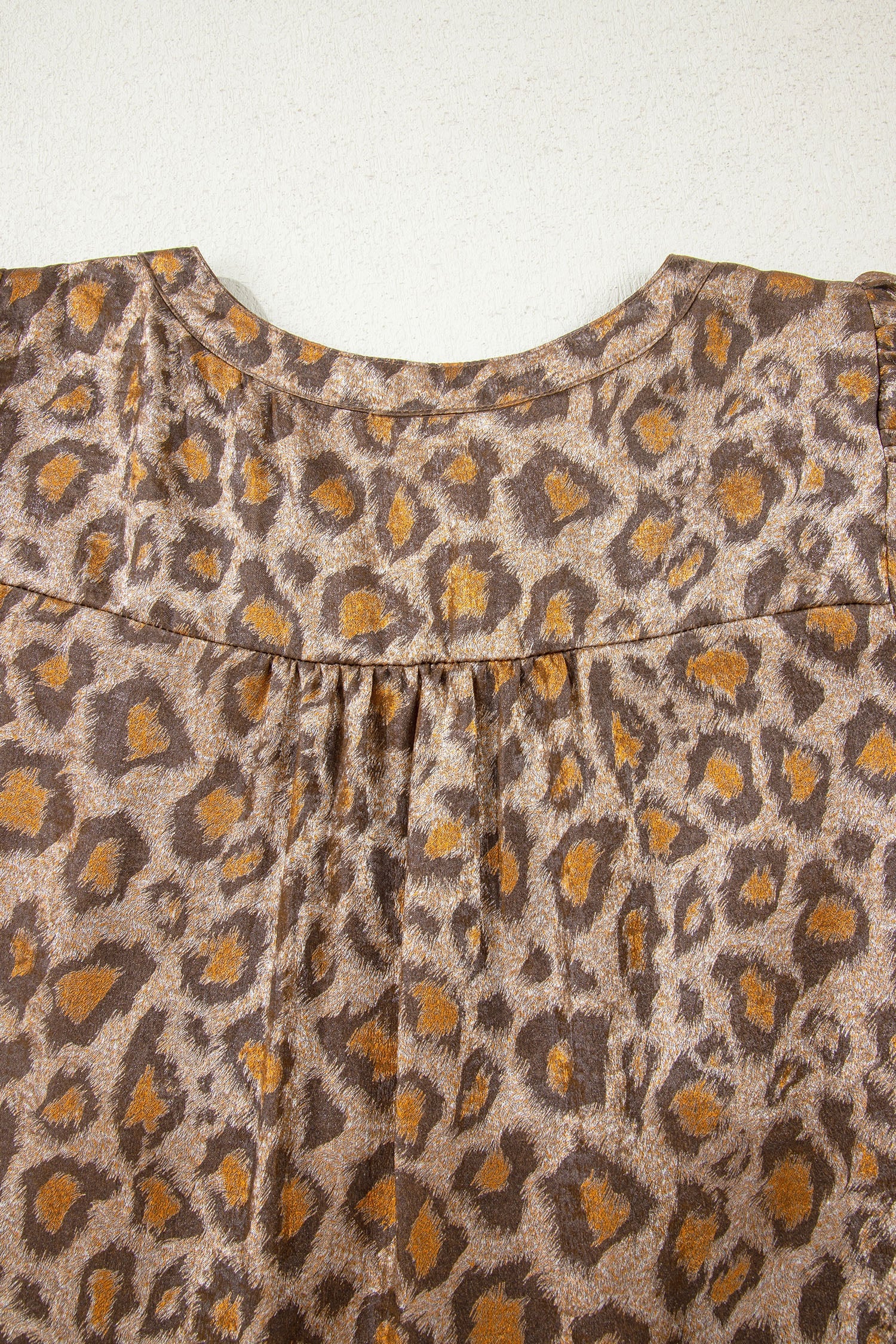 Khaki Leopard Print V Neck Ruffled Sleeve Tiered Loose Mini Dress