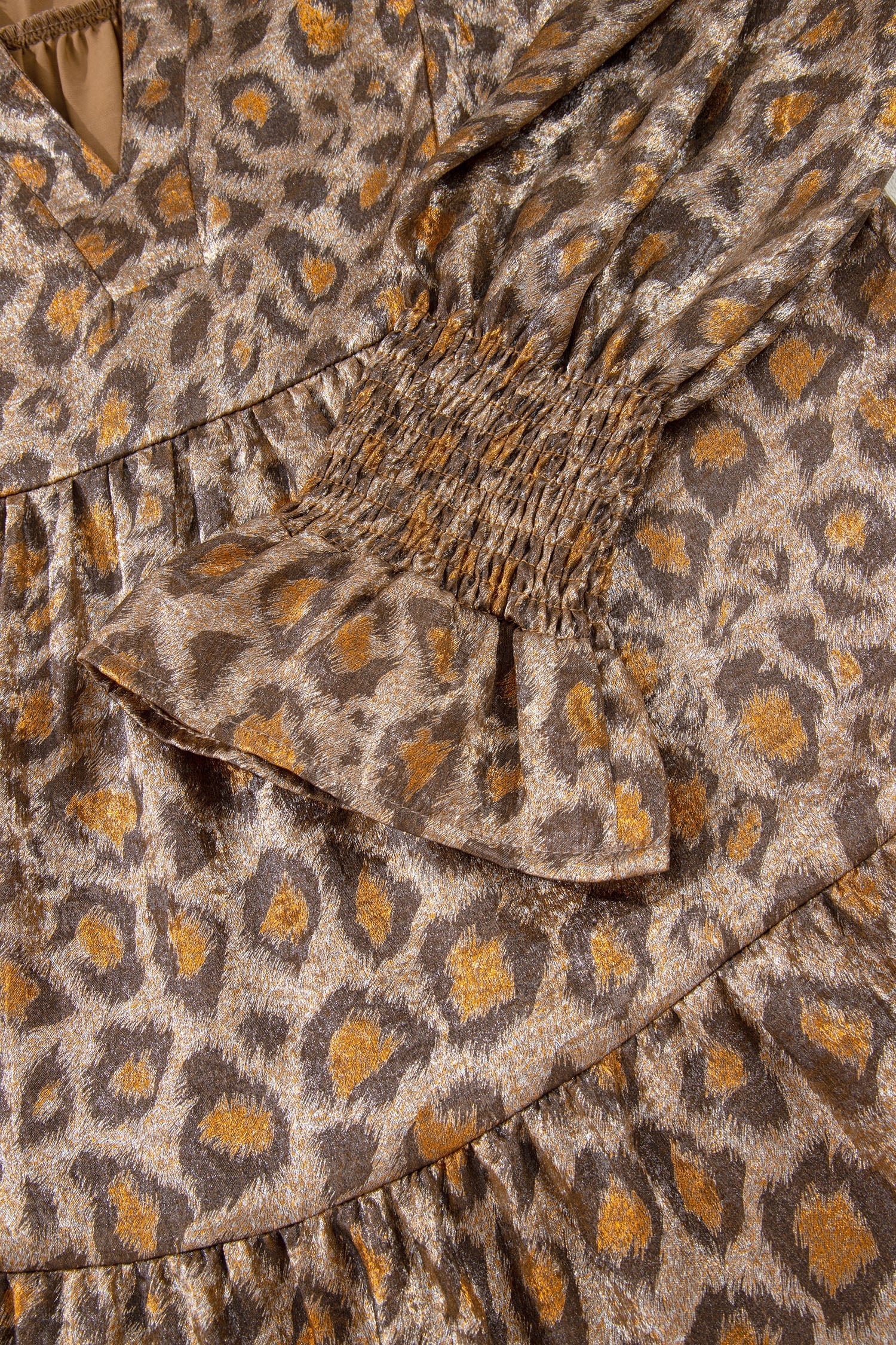 Khaki Leopard Print V Neck Ruffled Sleeve Tiered Loose Mini Dress