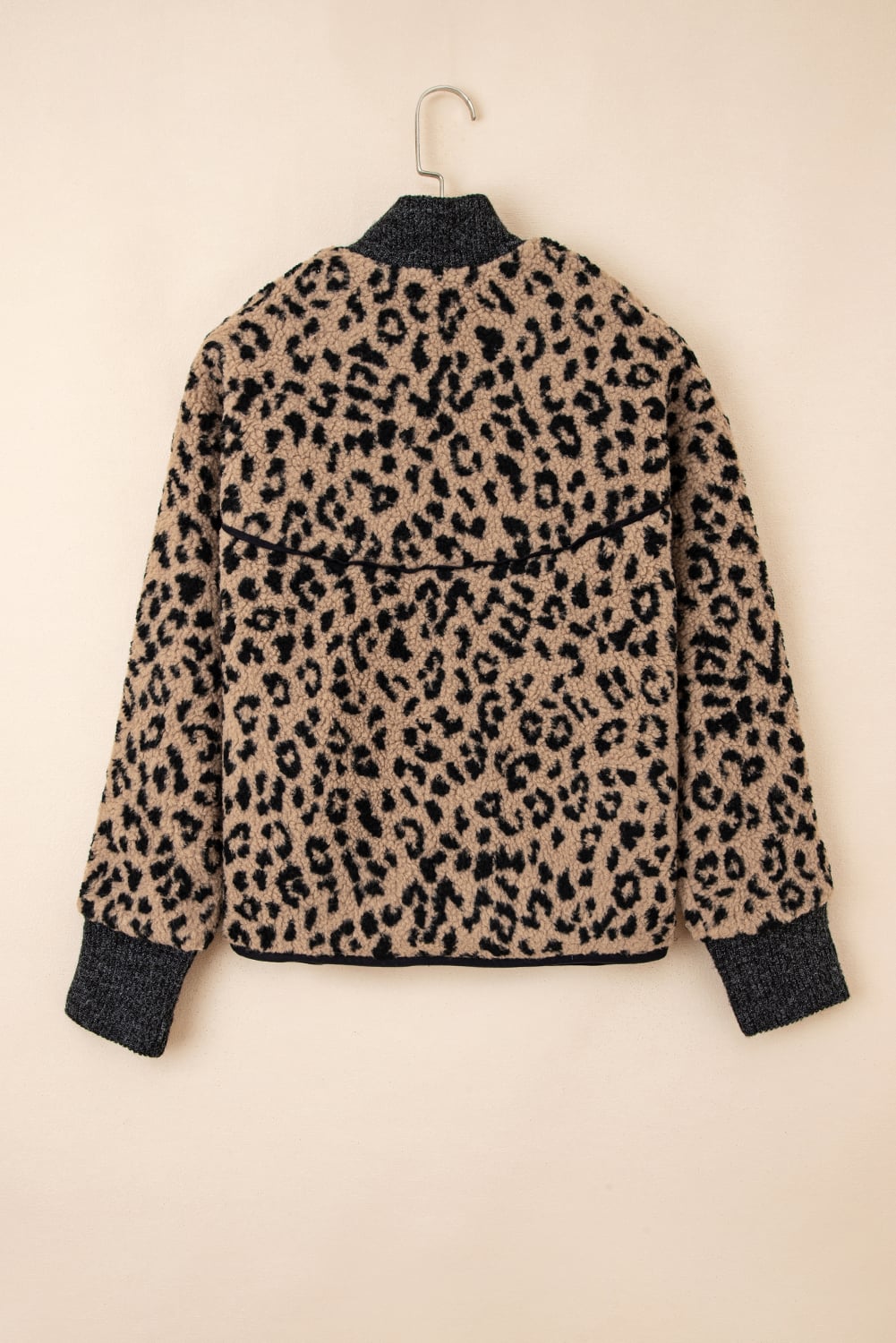 Khaki Leopard Print Zip Up Stand Neck Side Pocket Jacket