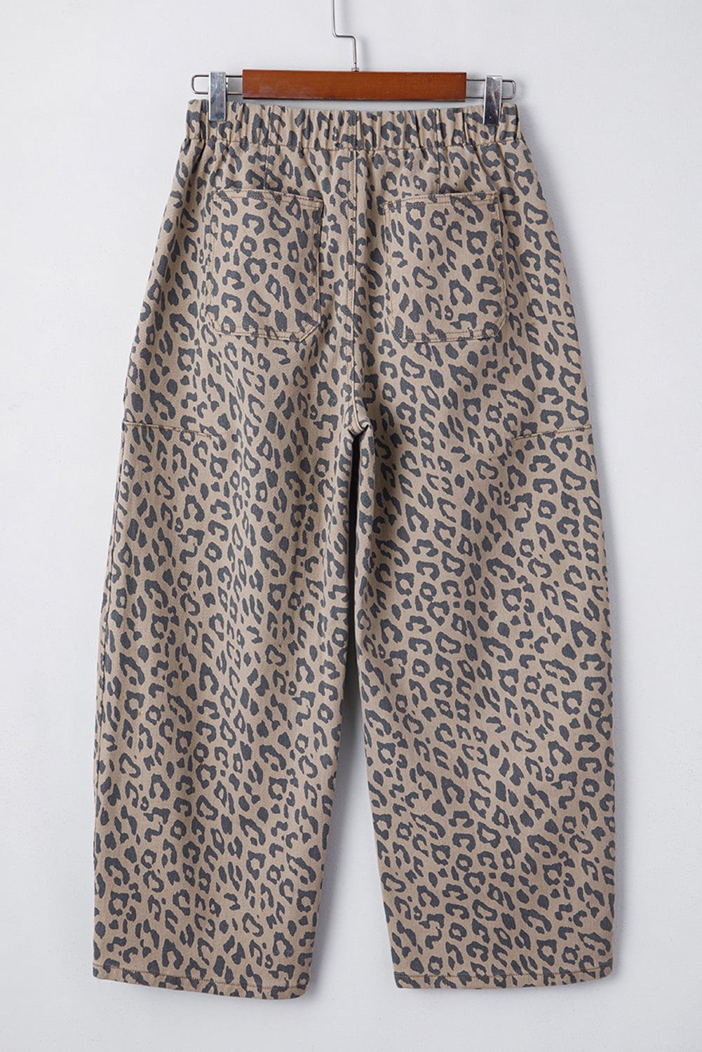 Khaki Leopard Printed Drawstring Elastic Waistband Pocketed Barrel Jeans