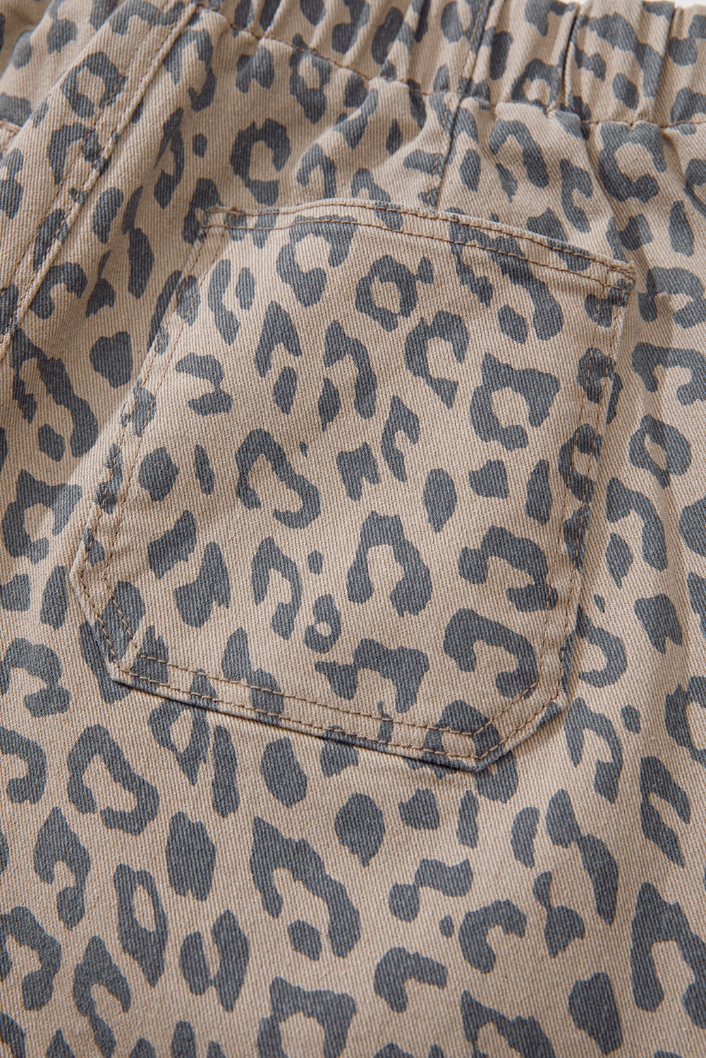 Khaki Leopard Printed Drawstring Elastic Waistband Pocketed Barrel Jeans