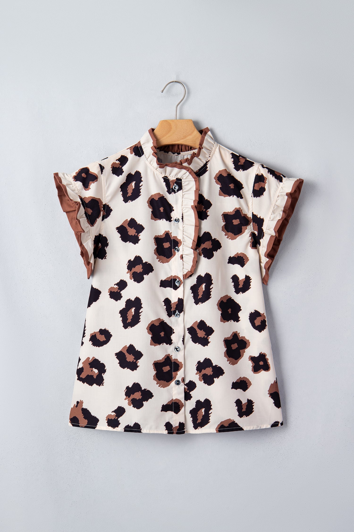 Khaki Leopard Printed Ruffle Sleeve Summer Blouse