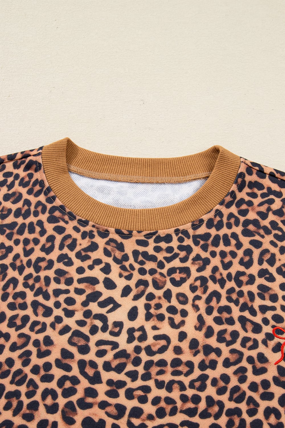 Khaki Leopard Pullover and Pants 2pcs Outfit with Bow Embroidery