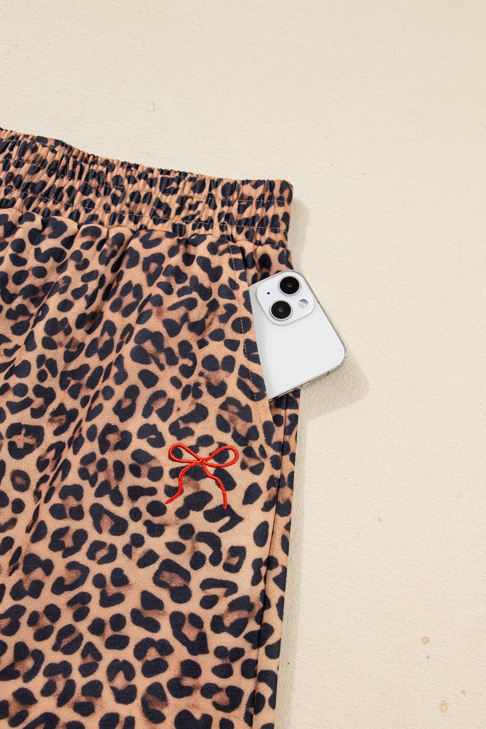 Khaki Leopard Pullover and Pants 2pcs Outfit with Bow Embroidery
