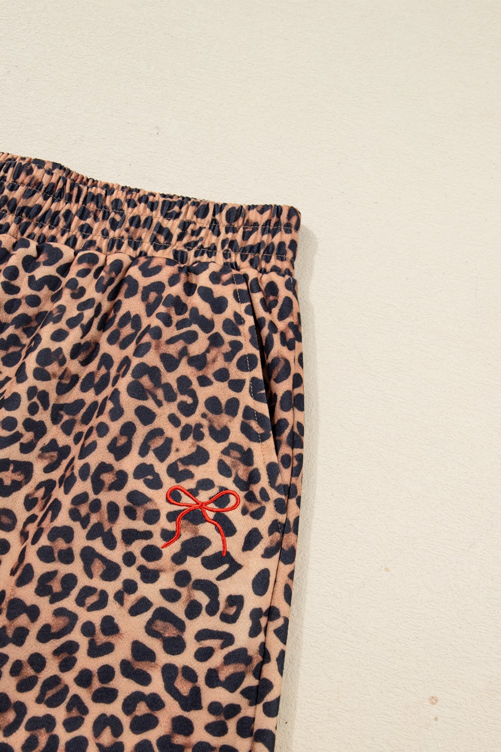 Khaki Leopard Pullover and Pants 2pcs Outfit with Bow Embroidery