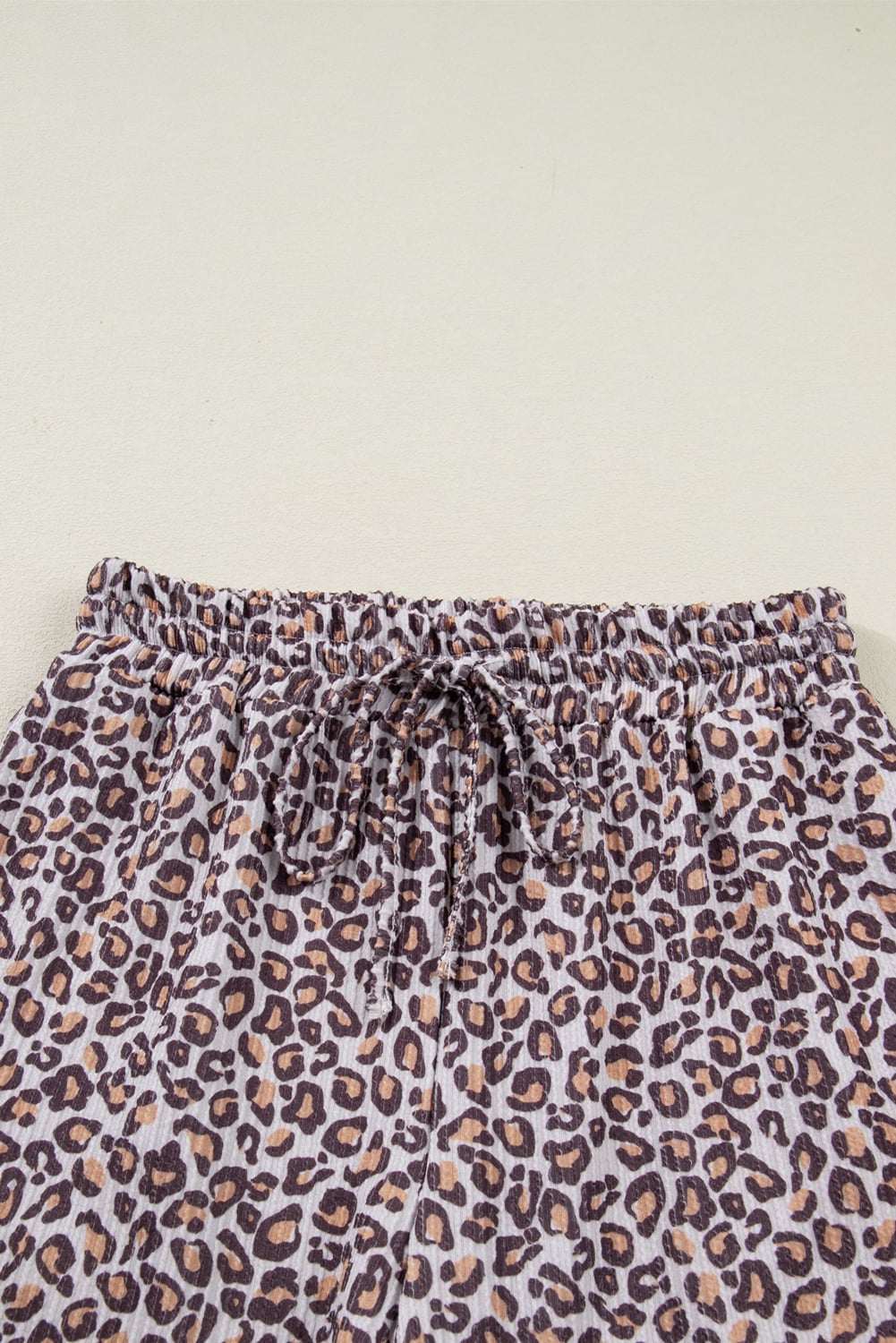 Khaki Leopard Ribbed Long Sleeve Top Drawstring Shorts 2pcs Outfit