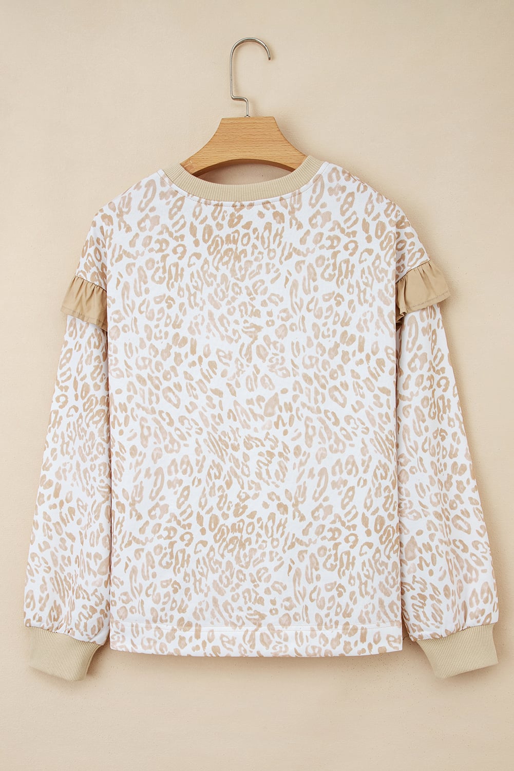 Khaki Leopard Ruffle Detail Ribbed Trim Round Neck Sweatshirt
