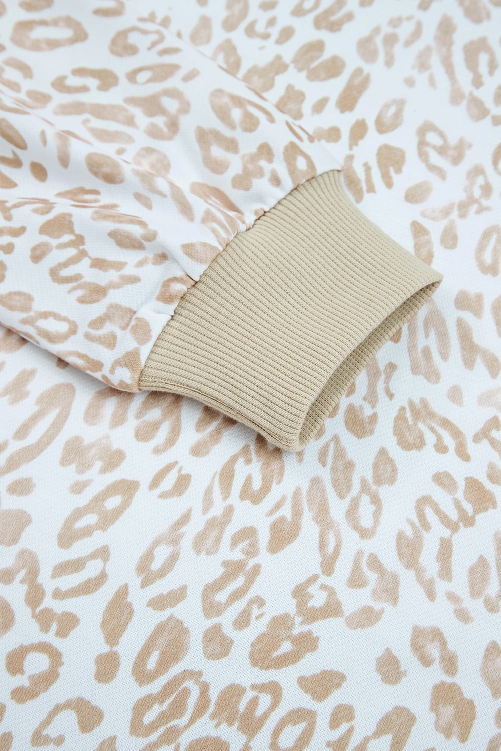 Khaki Leopard Ruffle Detail Ribbed Trim Round Neck Sweatshirt