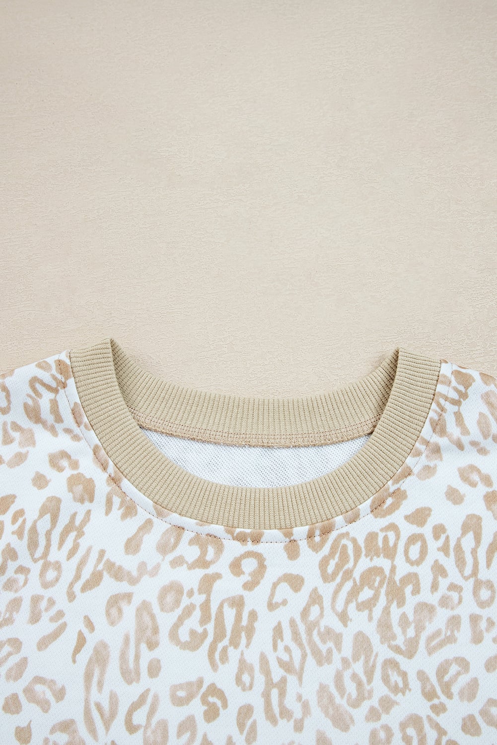 Khaki Leopard Ruffle Detail Ribbed Trim Round Neck Sweatshirt