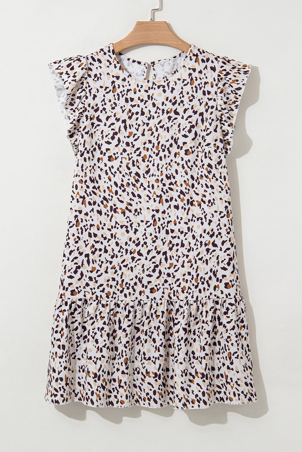 Khaki Leopard Ruffled Flutter Sleeve Keyhole Back Mini Dress