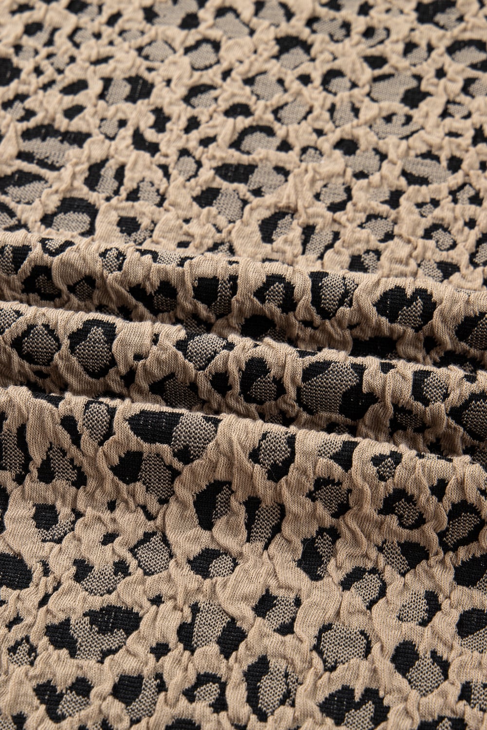 Khaki Leopard Textured Ribbed Trim Plus Size Long Sleeve Top