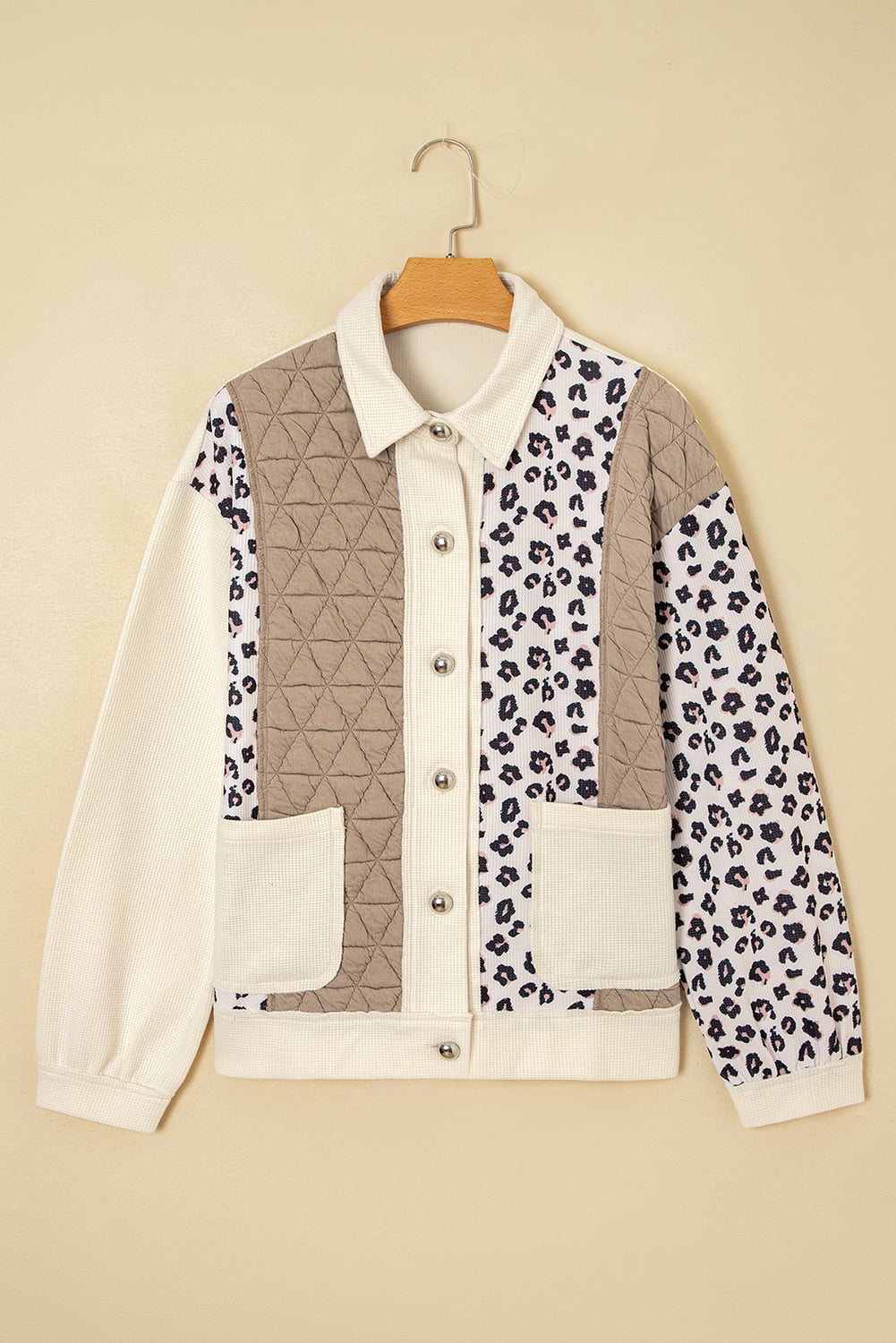 Khaki Leopard Waffle Quilted Patchwork Button Front Jacket