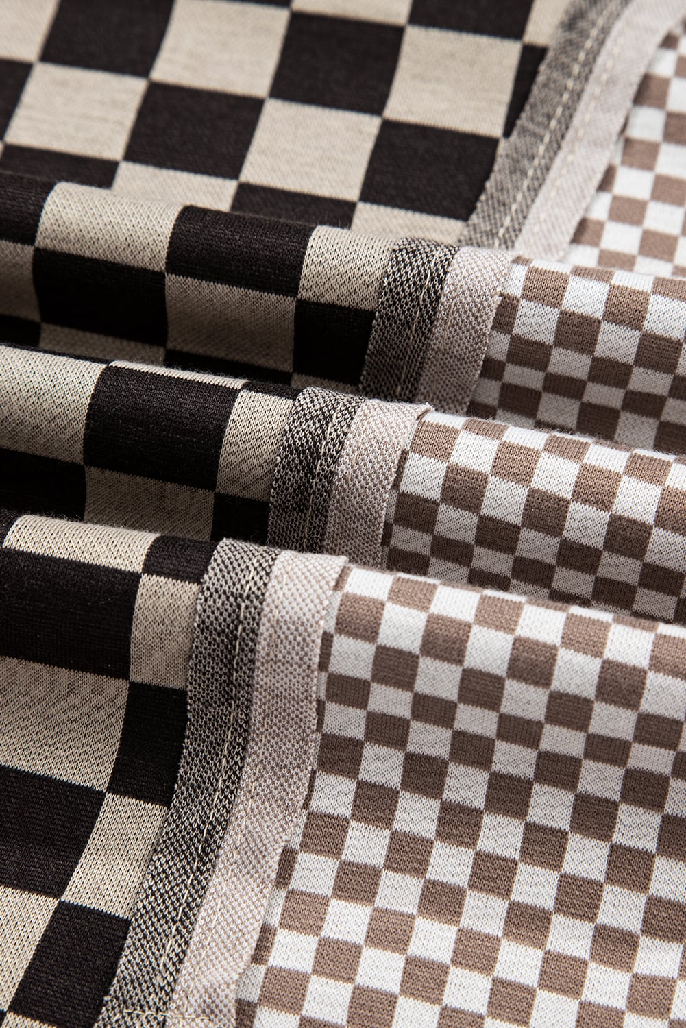 Khaki Mixed Checkered Pattern Patchwork High Low Casual Top