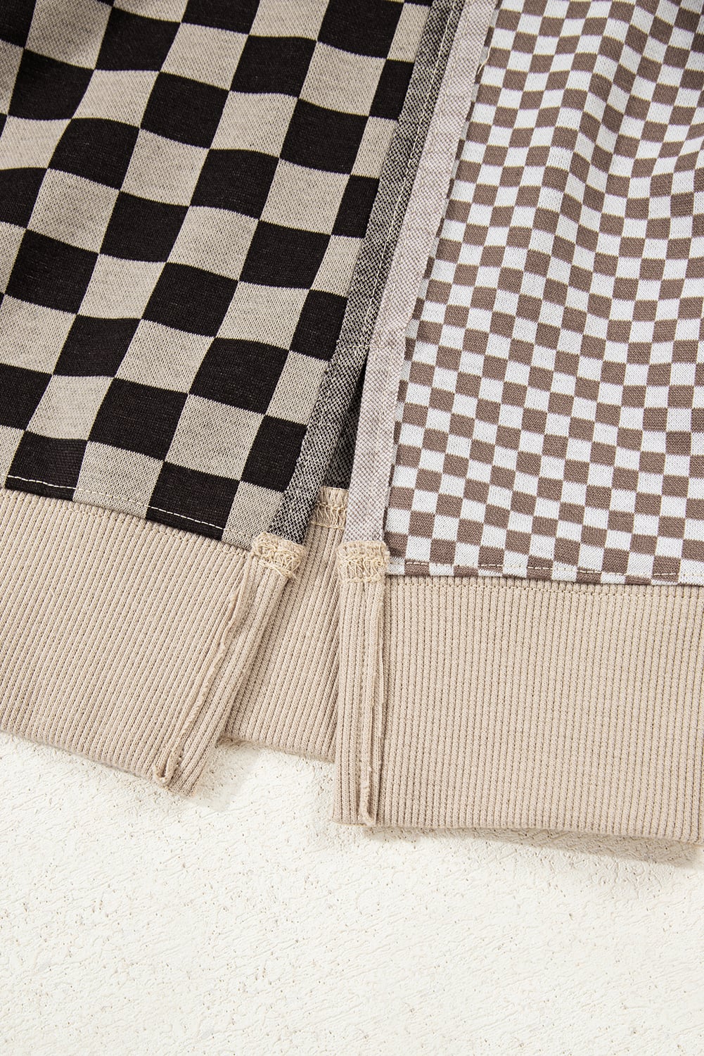 Khaki Mixed Checkered Pattern Patchwork High Low Casual Top